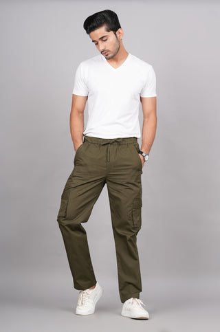 House of RP Men's Cotton Green Slim Fit Solid Cargos, Casual Trousers with Cargo Pockets - Distacart