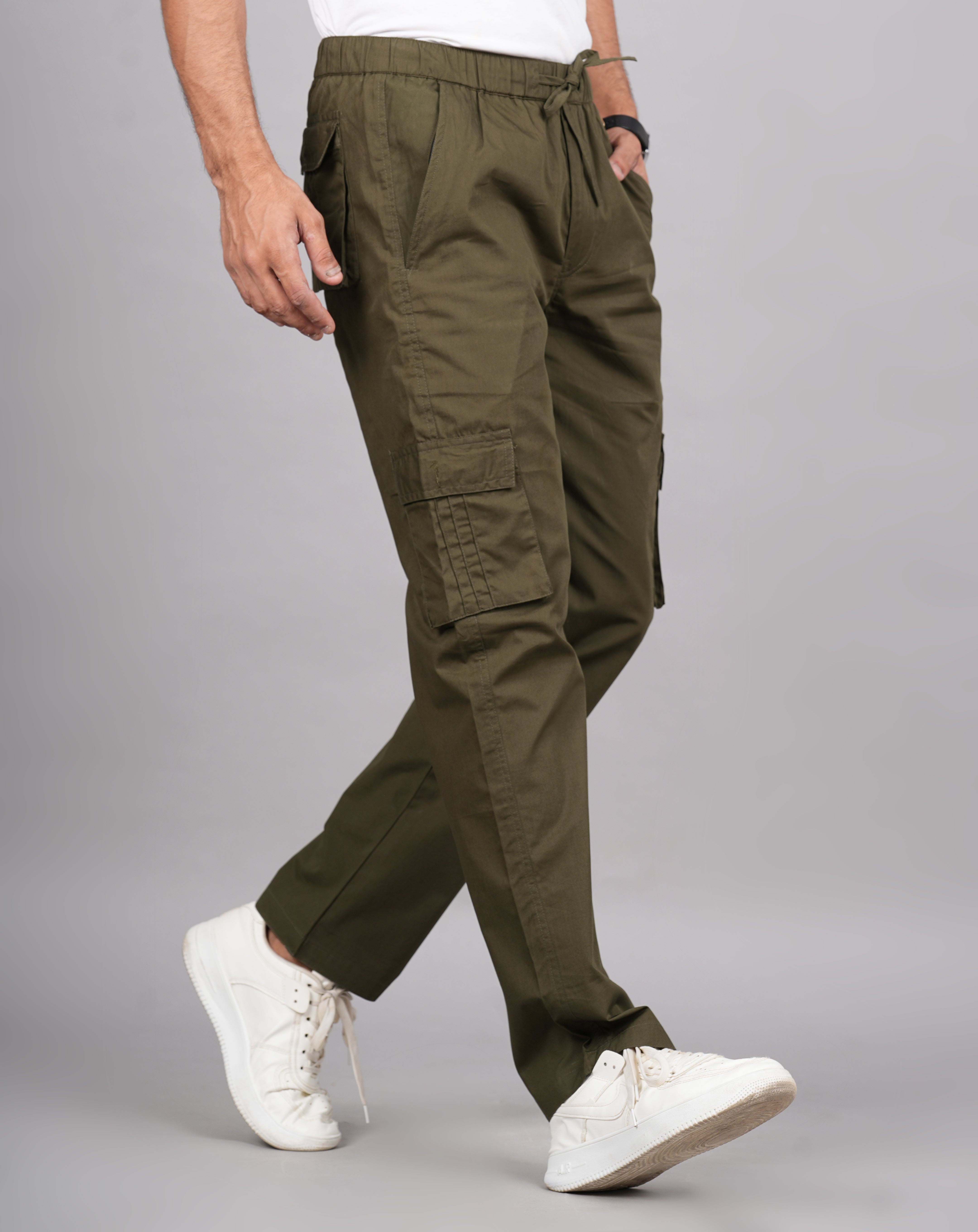 House of RP Men's Cotton Green Slim Fit Solid Cargos, Casual Trousers with Cargo Pockets - Distacart