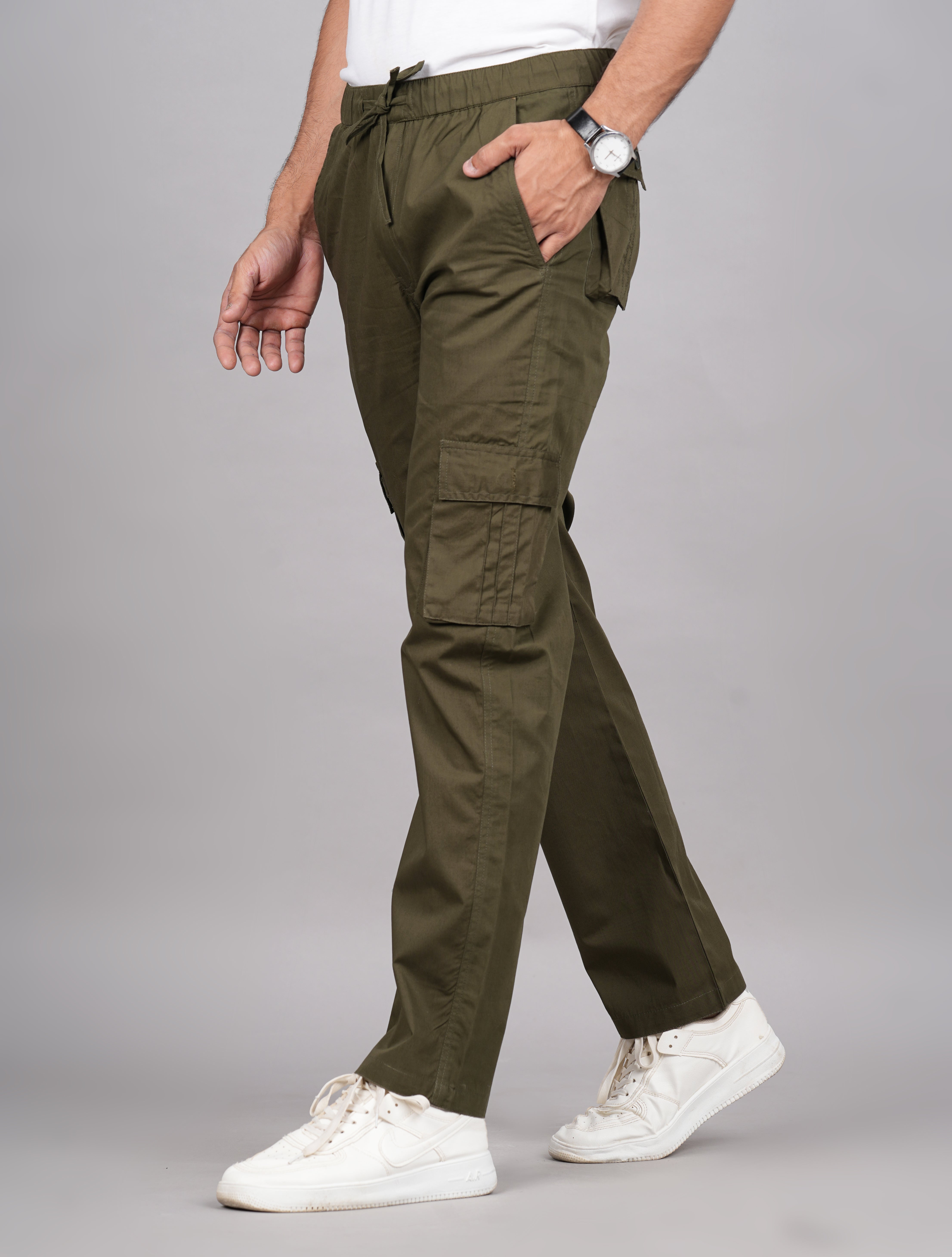 House of RP Men's Cotton Green Slim Fit Solid Cargos, Casual Trousers with Cargo Pockets - Distacart