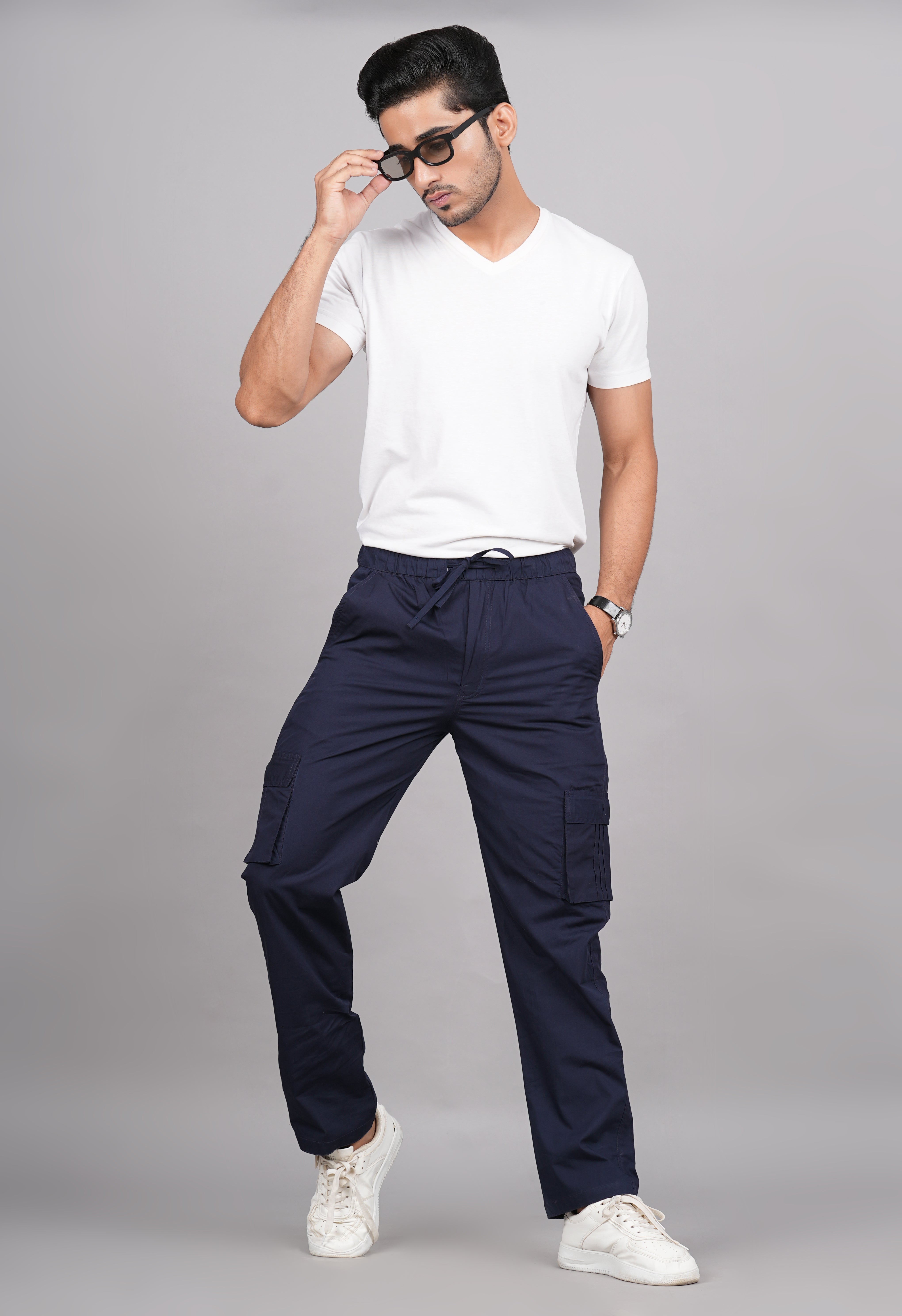 House of RP Men's Cotton Blue Slim Fit Solid Cargos, Casual Trousers with Cargo Pockets - Distacart