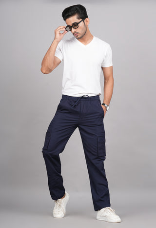 House of RP Men's Cotton Blue Slim Fit Solid Cargos, Casual Trousers with Cargo Pockets - Distacart