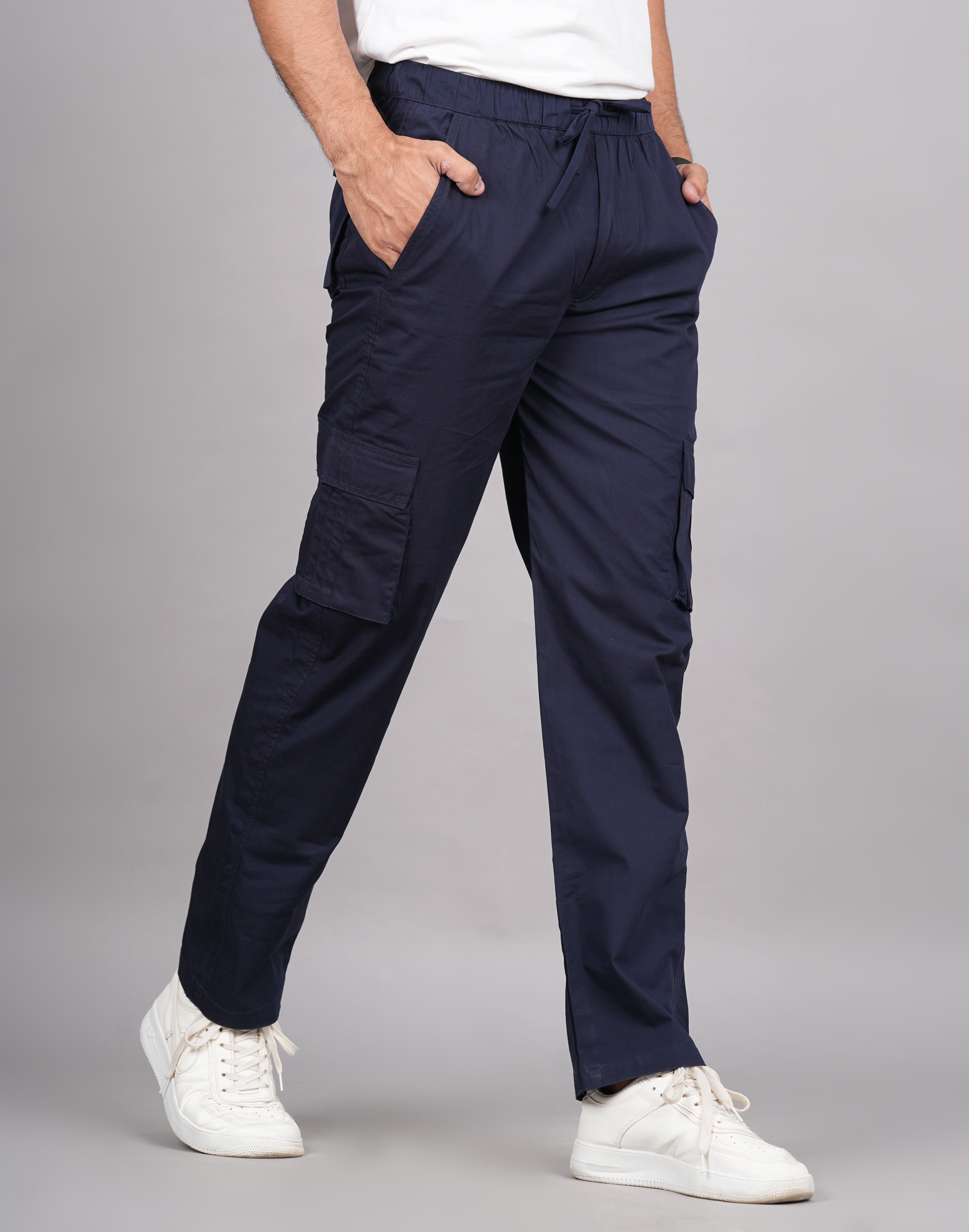 House of RP Men's Cotton Blue Slim Fit Solid Cargos, Casual Trousers with Cargo Pockets - Distacart