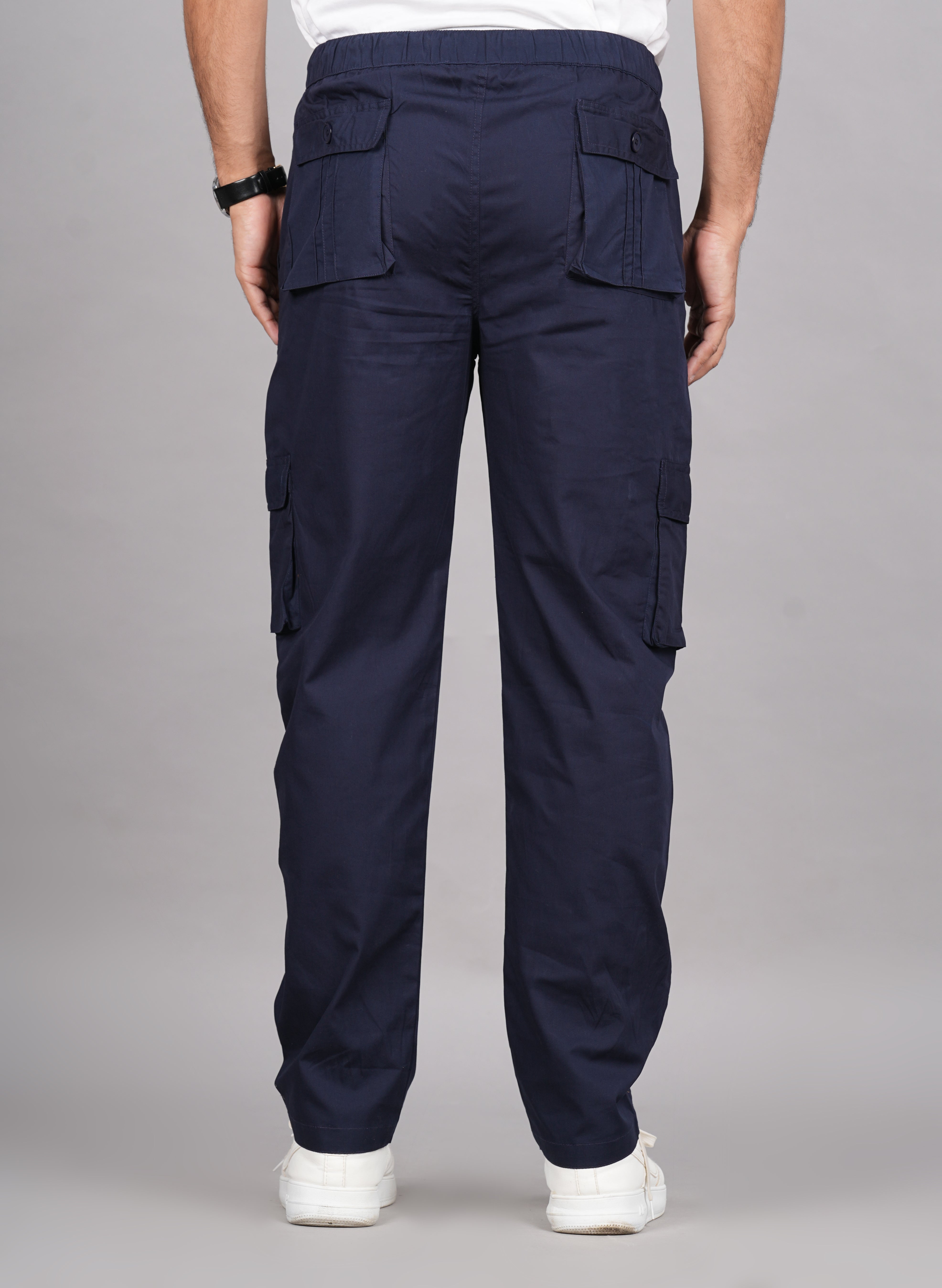 House of RP Men's Cotton Blue Slim Fit Solid Cargos, Casual Trousers with Cargo Pockets - Distacart