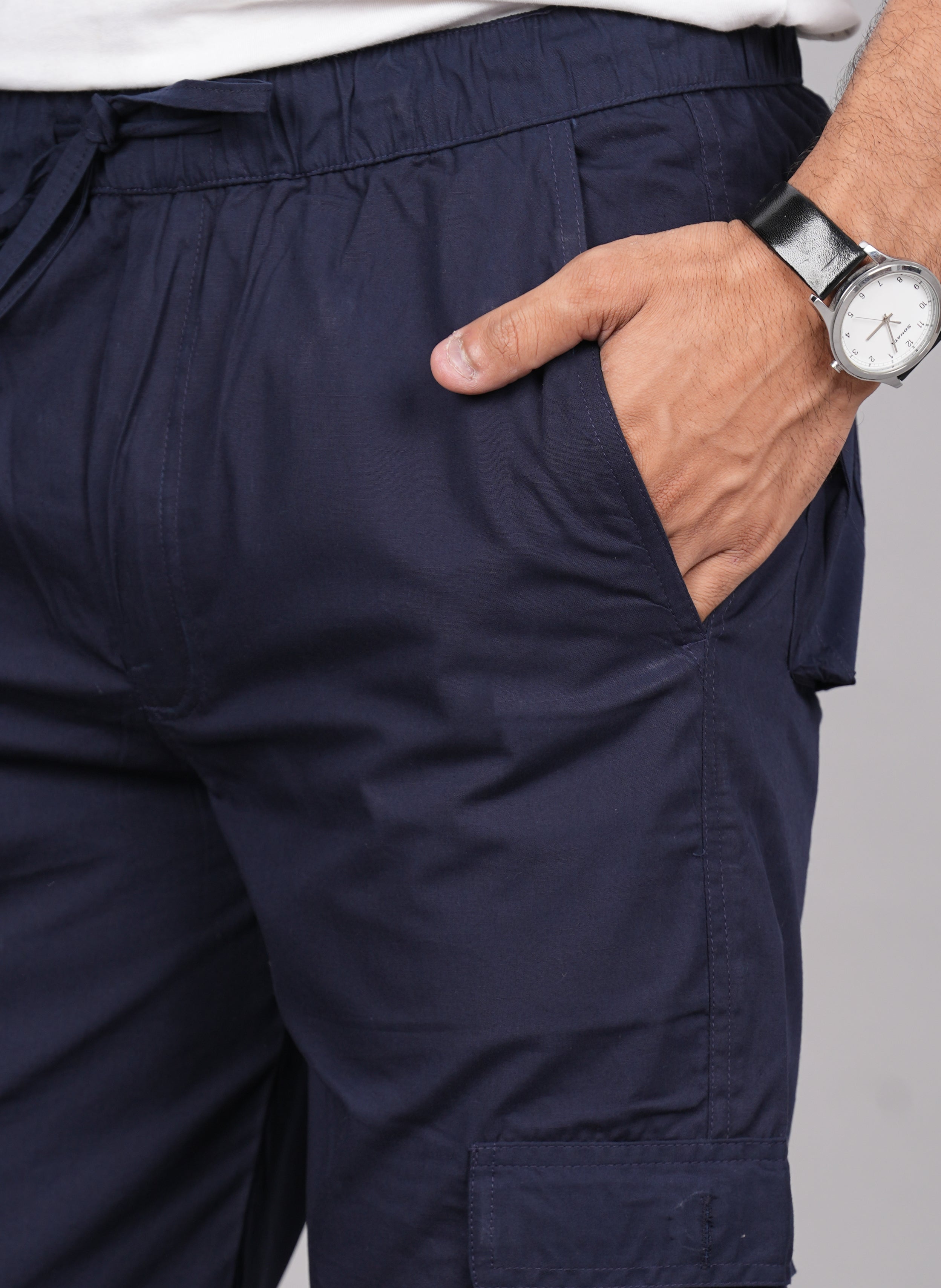 House of RP Men's Cotton Blue Slim Fit Solid Cargos, Casual Trousers with Cargo Pockets - Distacart