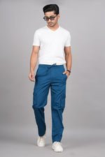 Thumbnail for House of RP Men's Cotton DarkBlue Slim Fit Solid Cargos, Casual Trousers with Cargo Pockets - Distacart