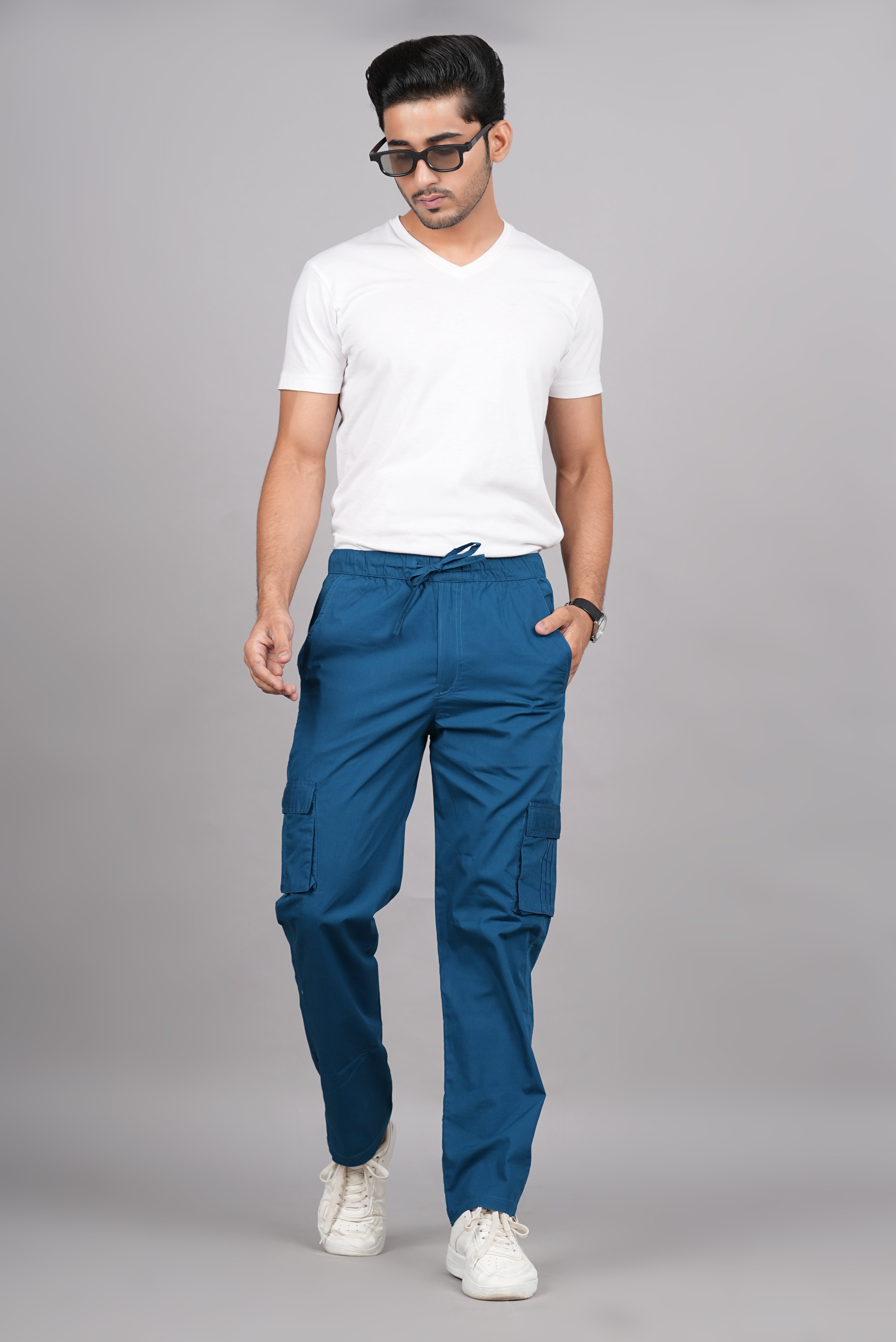 Buy House of RP Men's Cotton DarkBlue Slim Fit Solid Cargos, Casual  Trousers with Cargo Pockets Online at Best Price