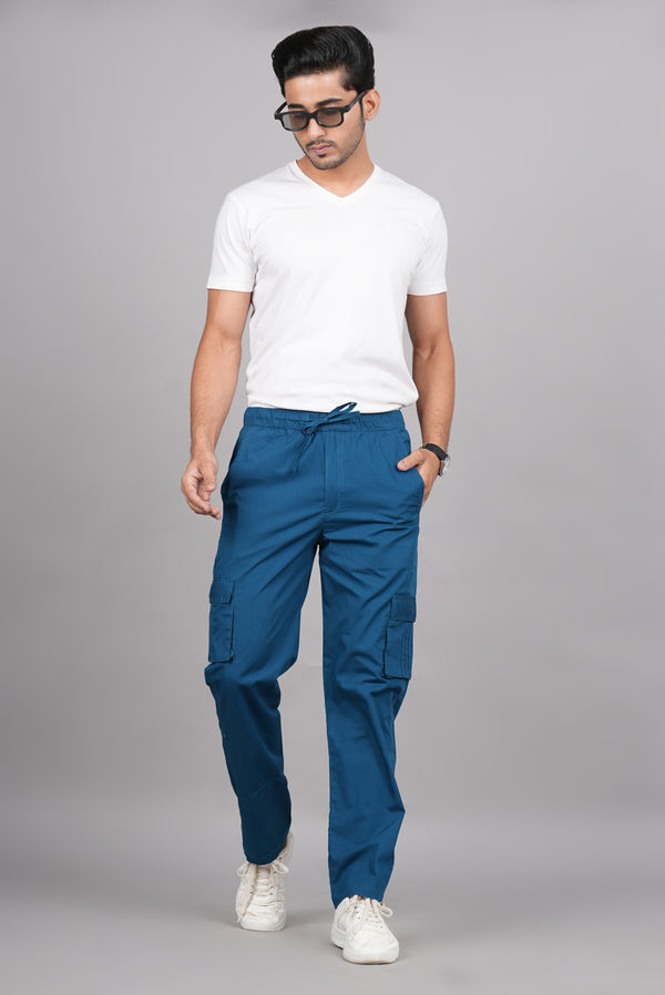 House of RP Men's Cotton DarkBlue Slim Fit Solid Cargos, Casual Trousers with Cargo Pockets - Distacart