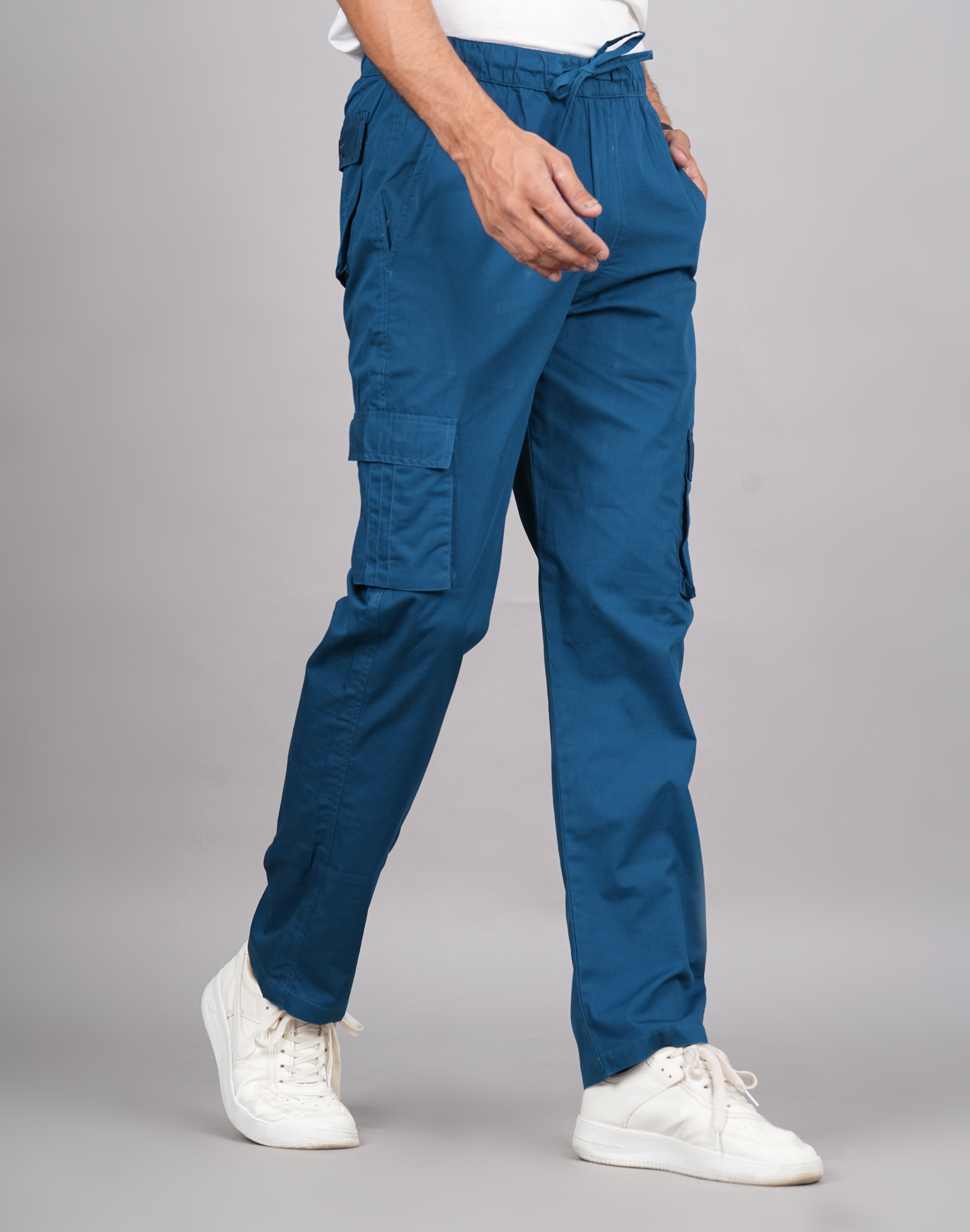 House of RP Men's Cotton DarkBlue Slim Fit Solid Cargos, Casual Trousers with Cargo Pockets - Distacart