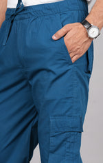 Thumbnail for House of RP Men's Cotton DarkBlue Slim Fit Solid Cargos, Casual Trousers with Cargo Pockets - Distacart