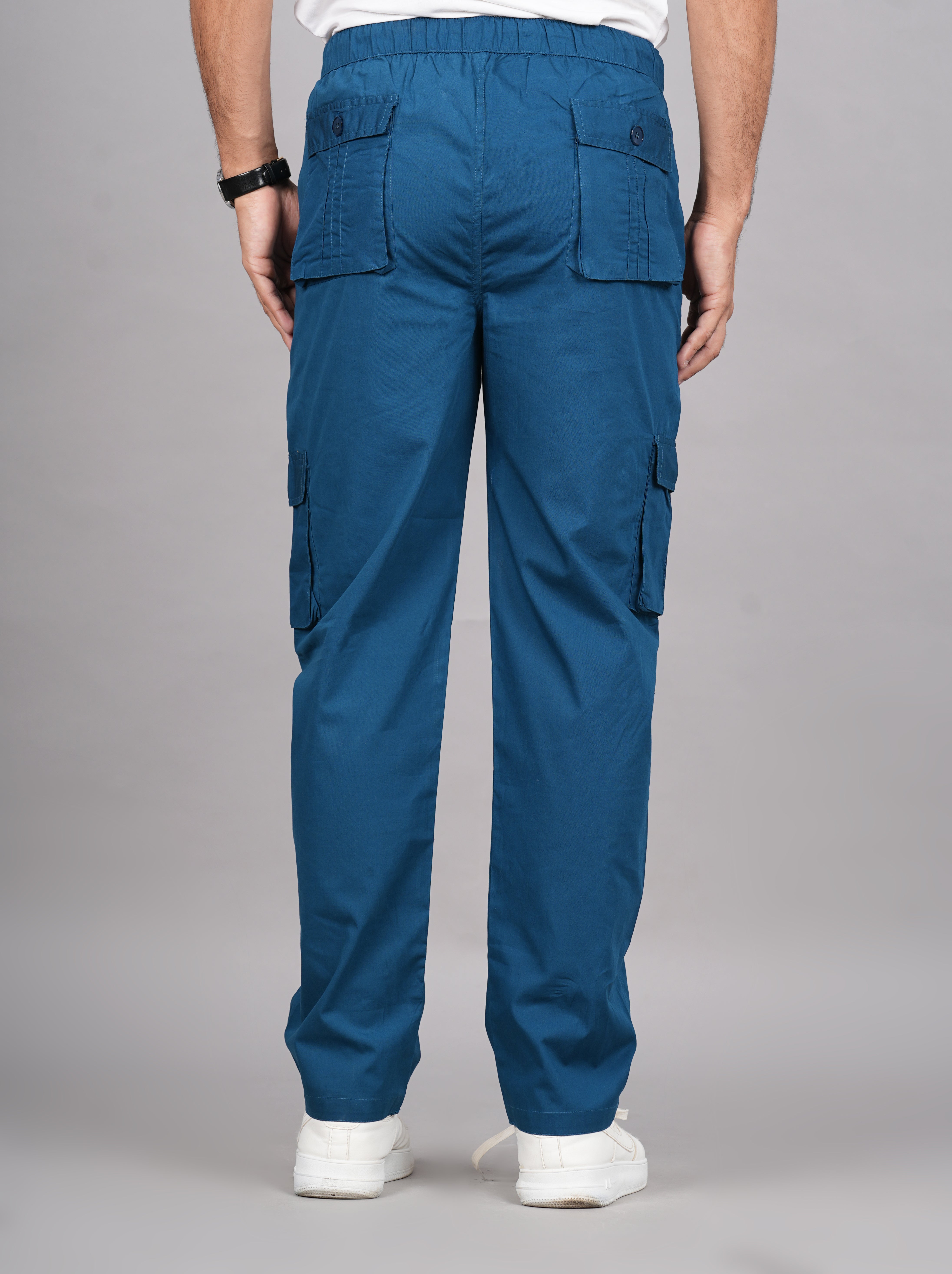 House of RP Men's Cotton DarkBlue Slim Fit Solid Cargos, Casual Trousers with Cargo Pockets - Distacart