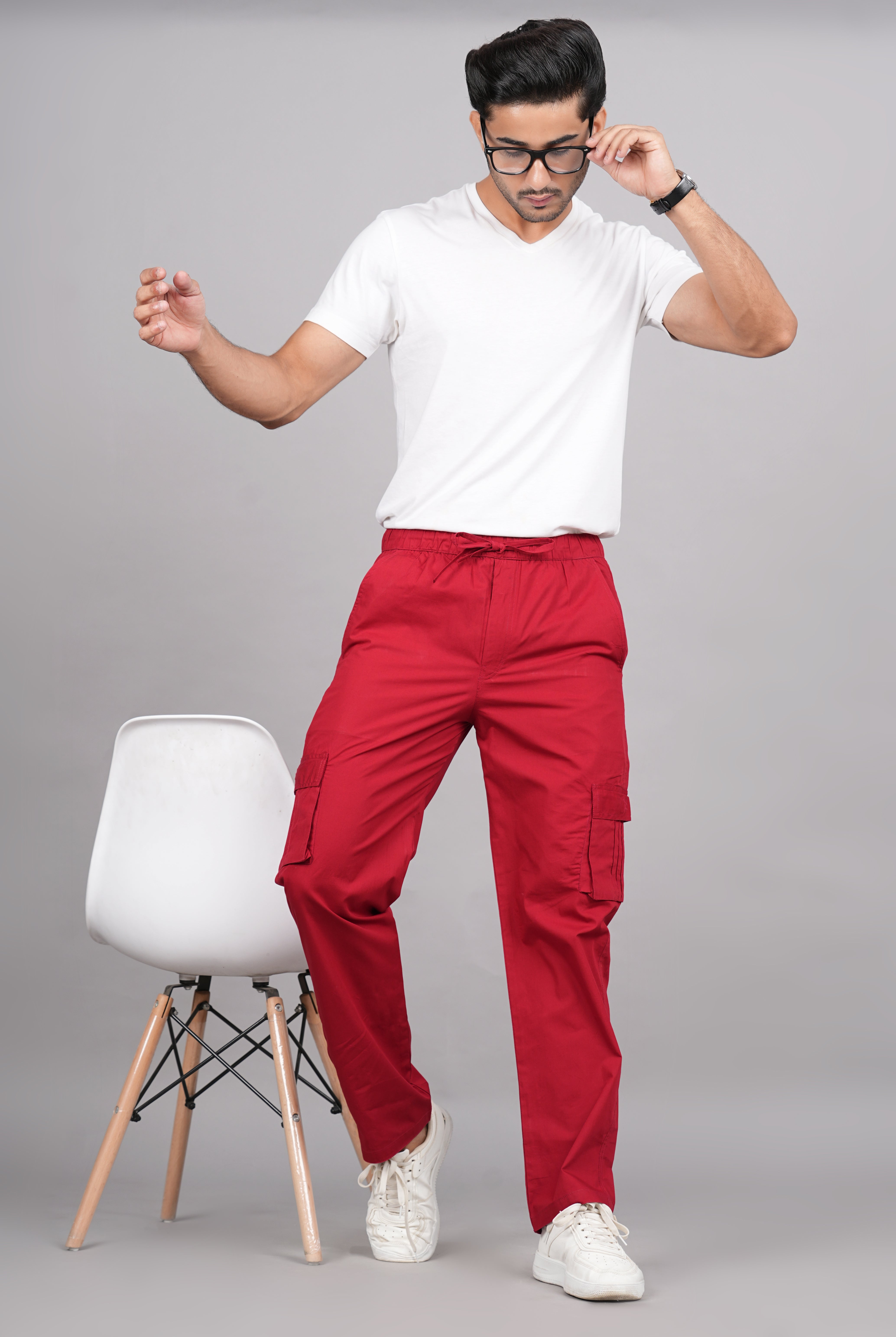 House of RP Men's Cotton Red Slim Fit Solid Cargos, Casual Trousers with Cargo Pockets - Distacart