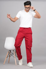 Thumbnail for House of RP Men's Cotton Red Slim Fit Solid Cargos, Casual Trousers with Cargo Pockets - Distacart