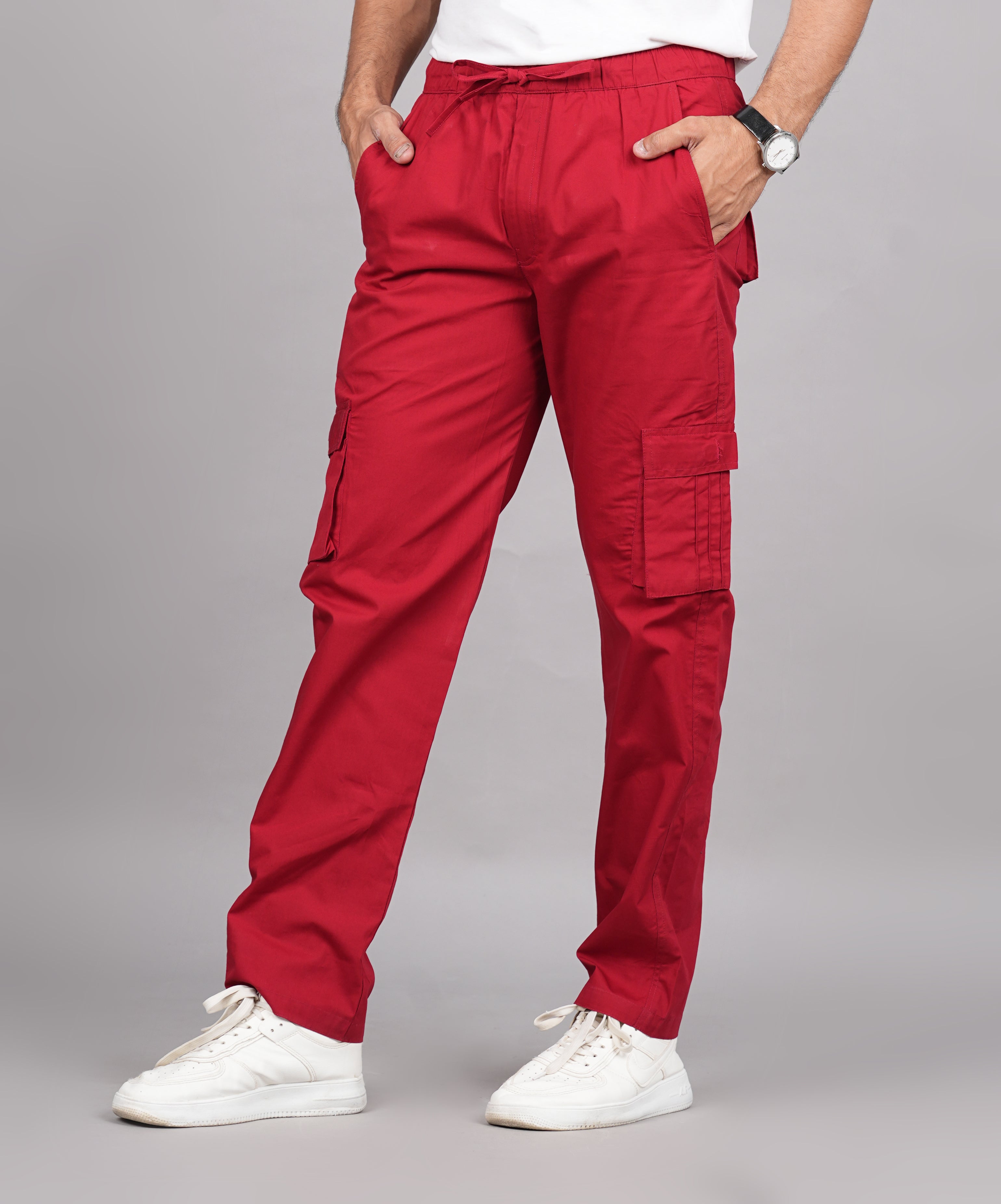 House of RP Men's Cotton Red Slim Fit Solid Cargos, Casual Trousers with Cargo Pockets - Distacart