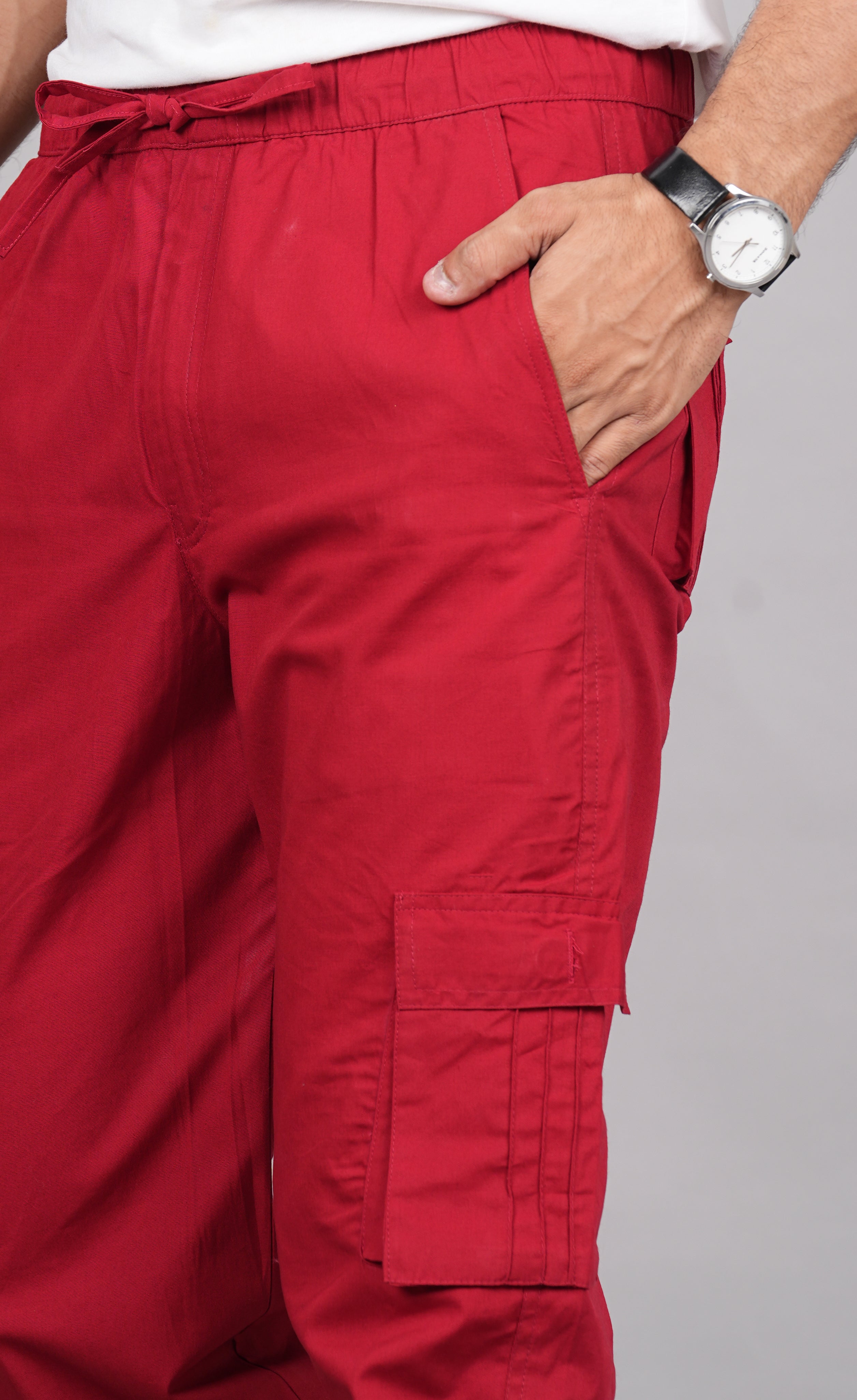 House of RP Men's Cotton Red Slim Fit Solid Cargos, Casual Trousers with Cargo Pockets - Distacart