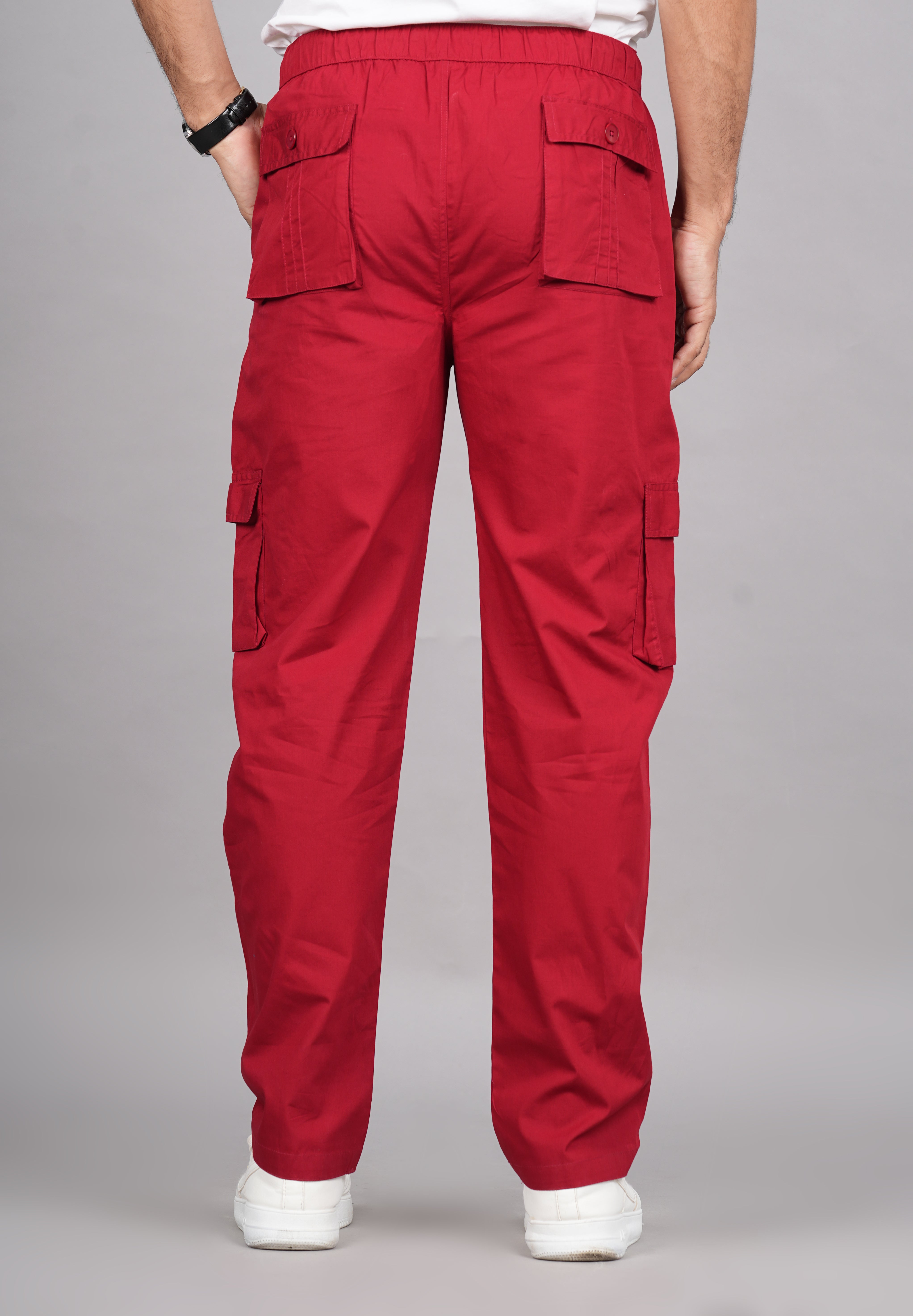 House of RP Men's Cotton Red Slim Fit Solid Cargos, Casual Trousers with Cargo Pockets - Distacart