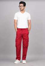 Thumbnail for House of RP Men's Cotton Red Slim Fit Solid Cargos, Casual Trousers with Cargo Pockets - Distacart