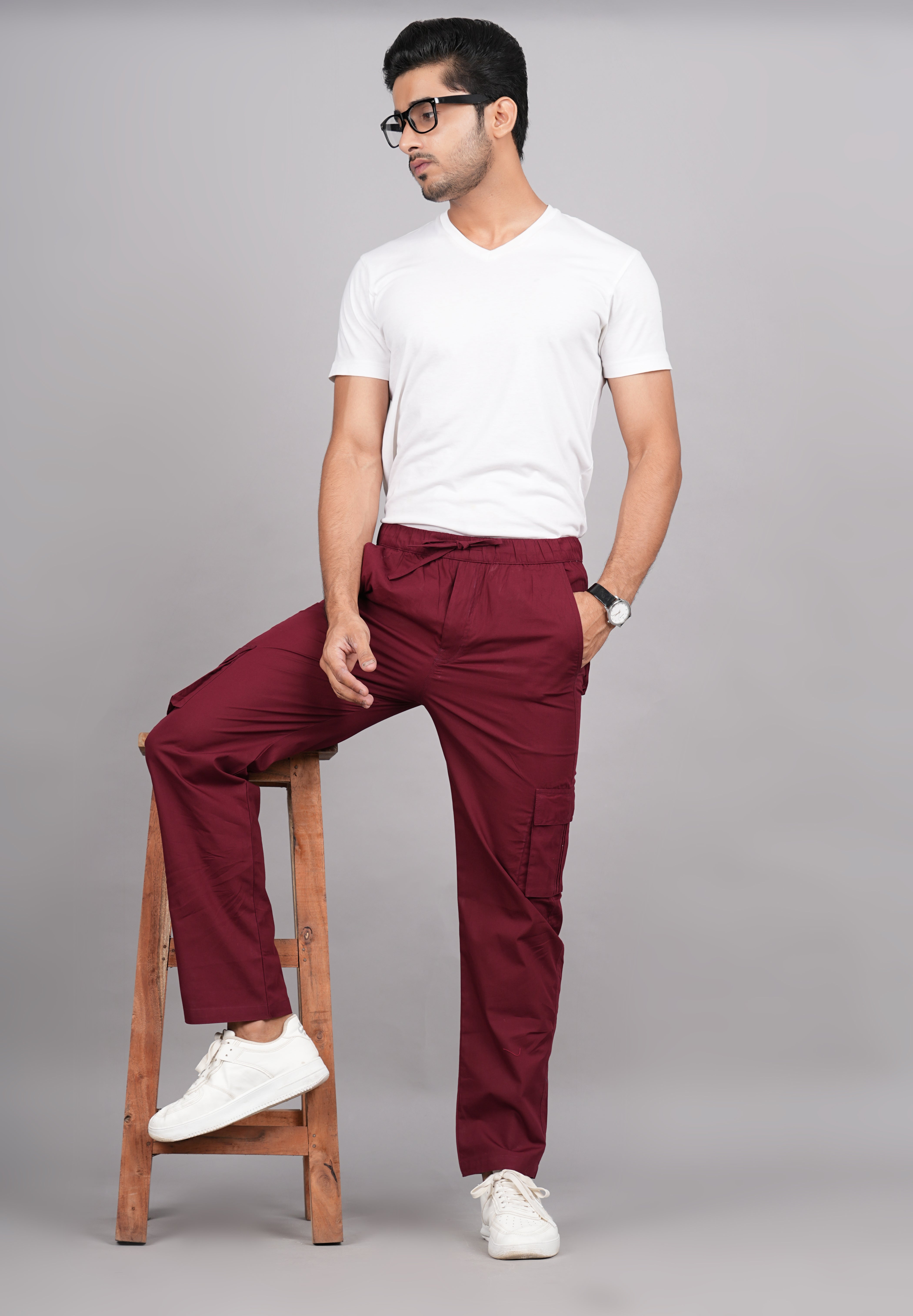 House of RP Men's Cotton Maroon Slim Fit Solid Cargos, Casual Trousers with Cargo Pockets - Distacart