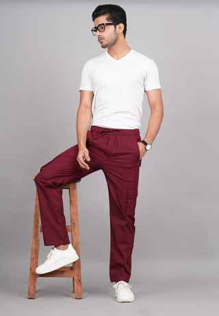 House of RP Men's Cotton Maroon Slim Fit Solid Cargos, Casual Trousers with Cargo Pockets - Distacart