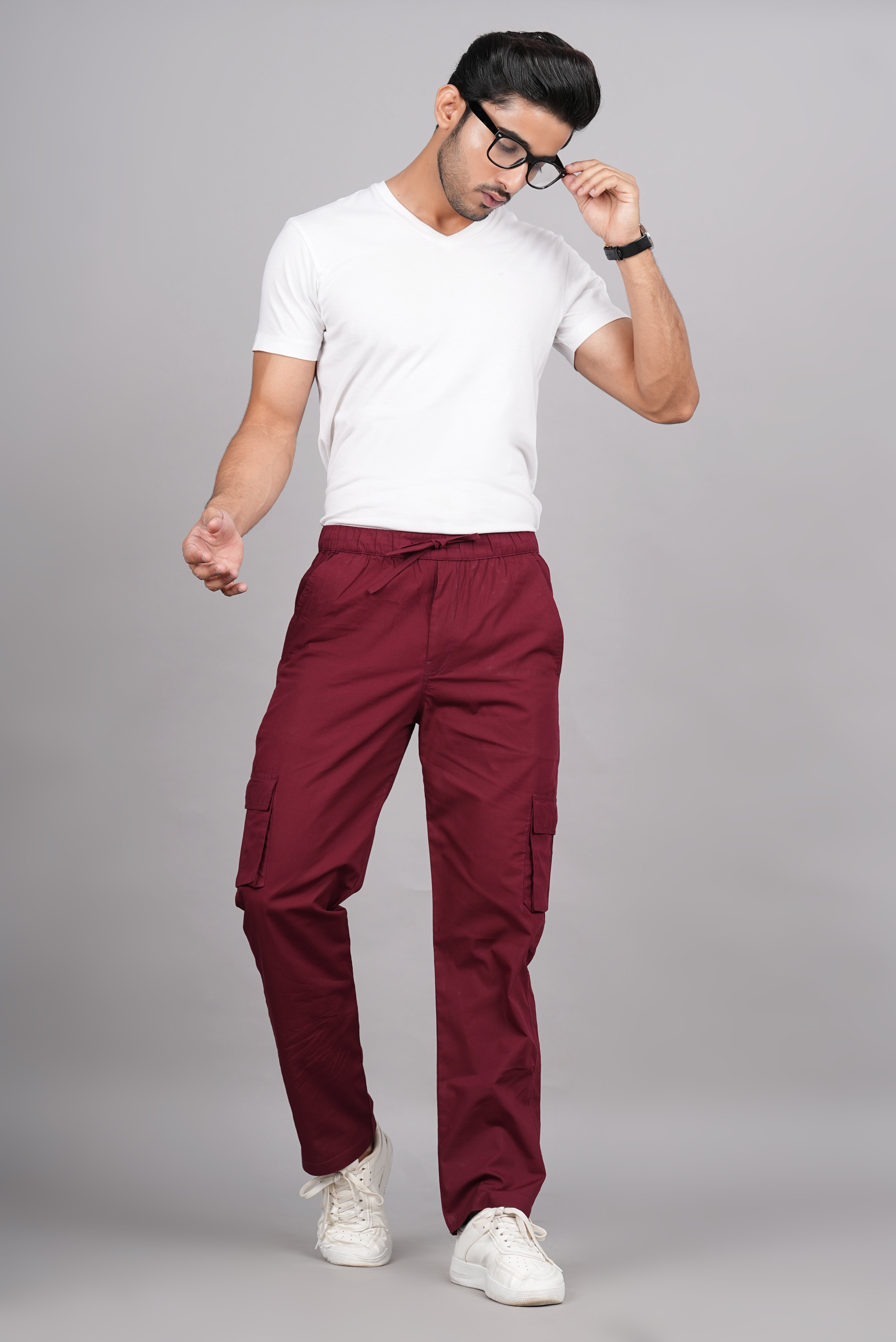 House of RP Men's Cotton Maroon Slim Fit Solid Cargos, Casual Trousers with Cargo Pockets - Distacart