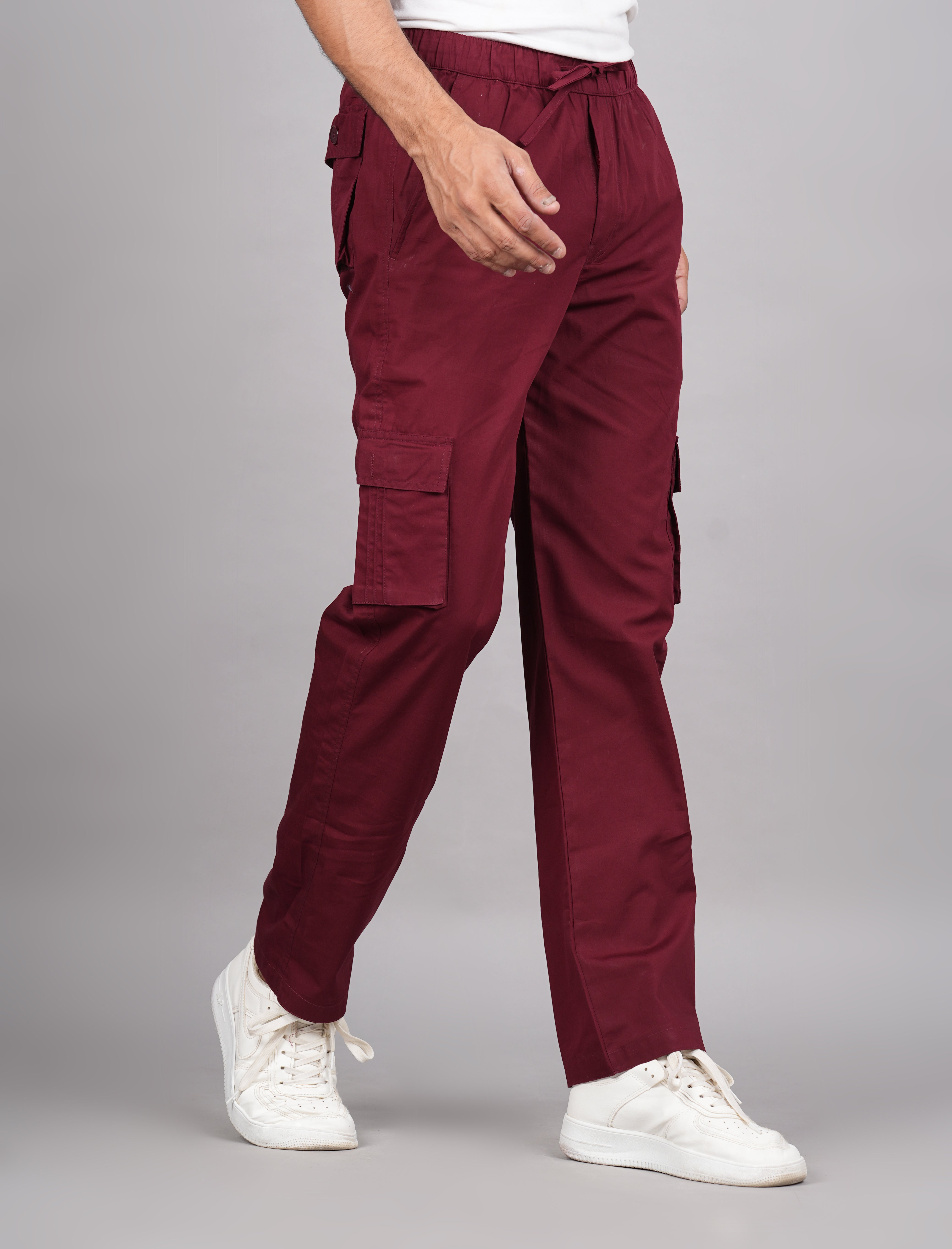 House of RP Men's Cotton Maroon Slim Fit Solid Cargos, Casual Trousers with Cargo Pockets - Distacart
