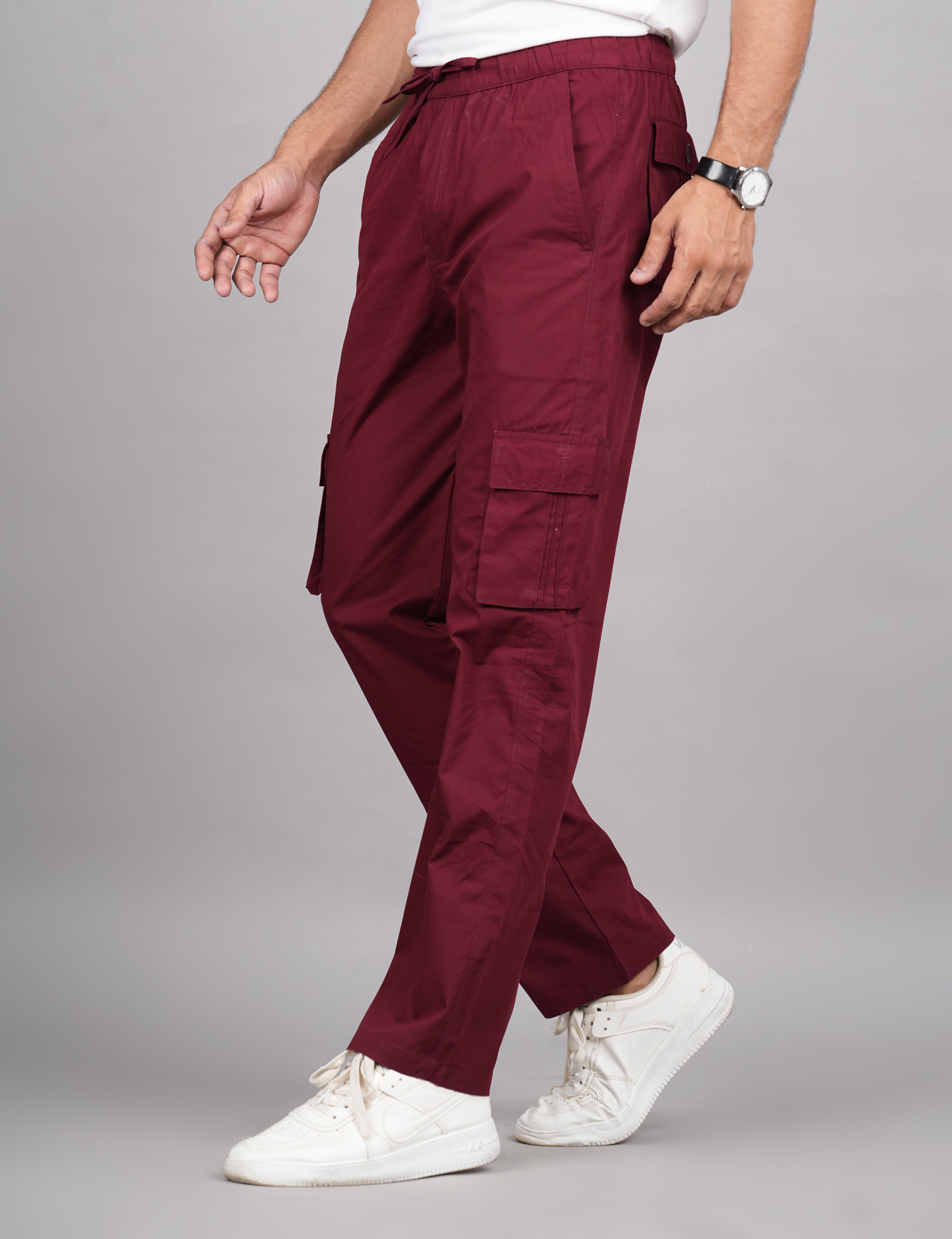 House of RP Men's Cotton Maroon Slim Fit Solid Cargos, Casual Trousers with Cargo Pockets - Distacart