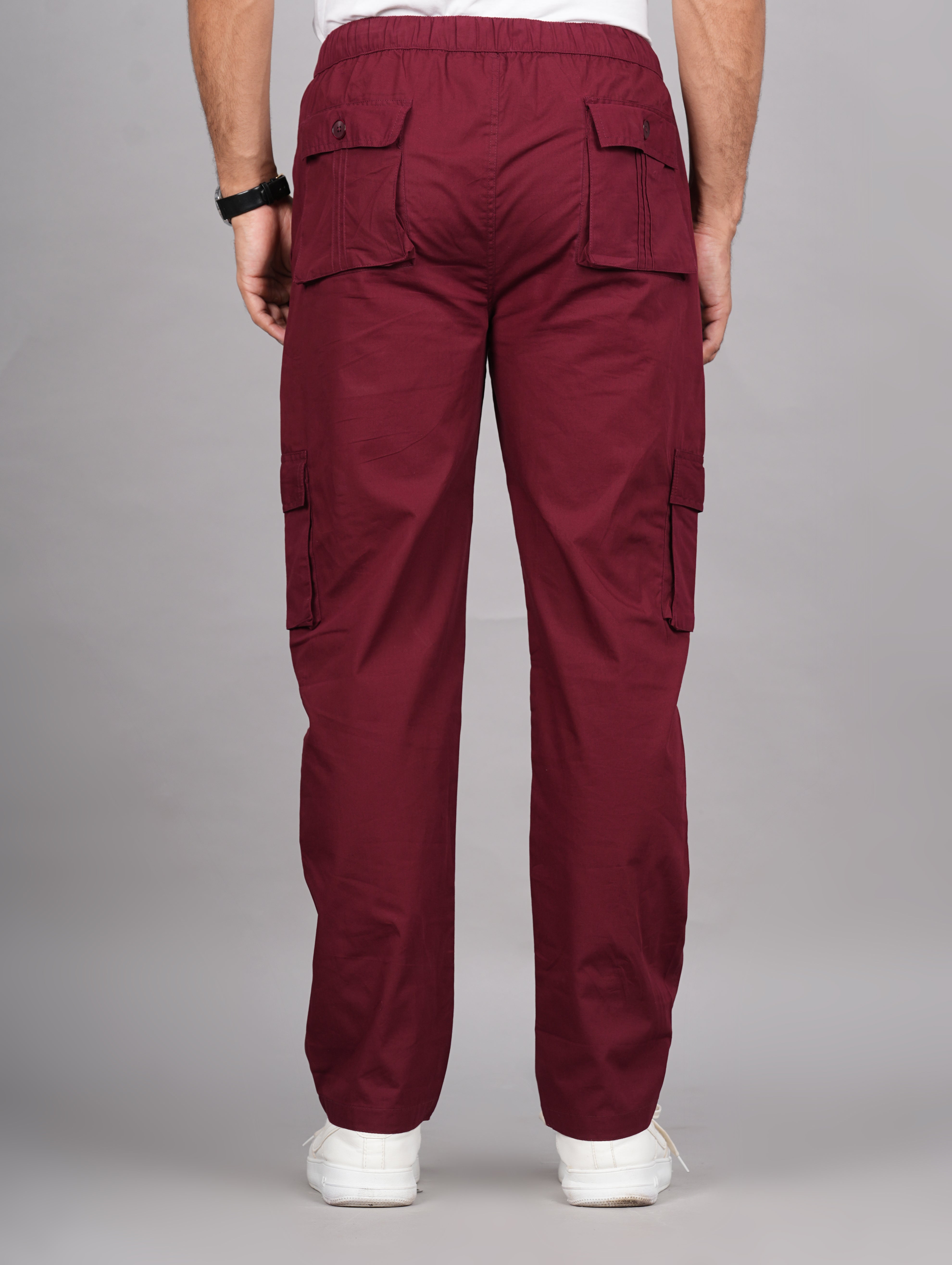 House of RP Men's Cotton Maroon Slim Fit Solid Cargos, Casual Trousers with Cargo Pockets - Distacart