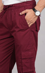Thumbnail for House of RP Men's Cotton Maroon Slim Fit Solid Cargos, Casual Trousers with Cargo Pockets - Distacart