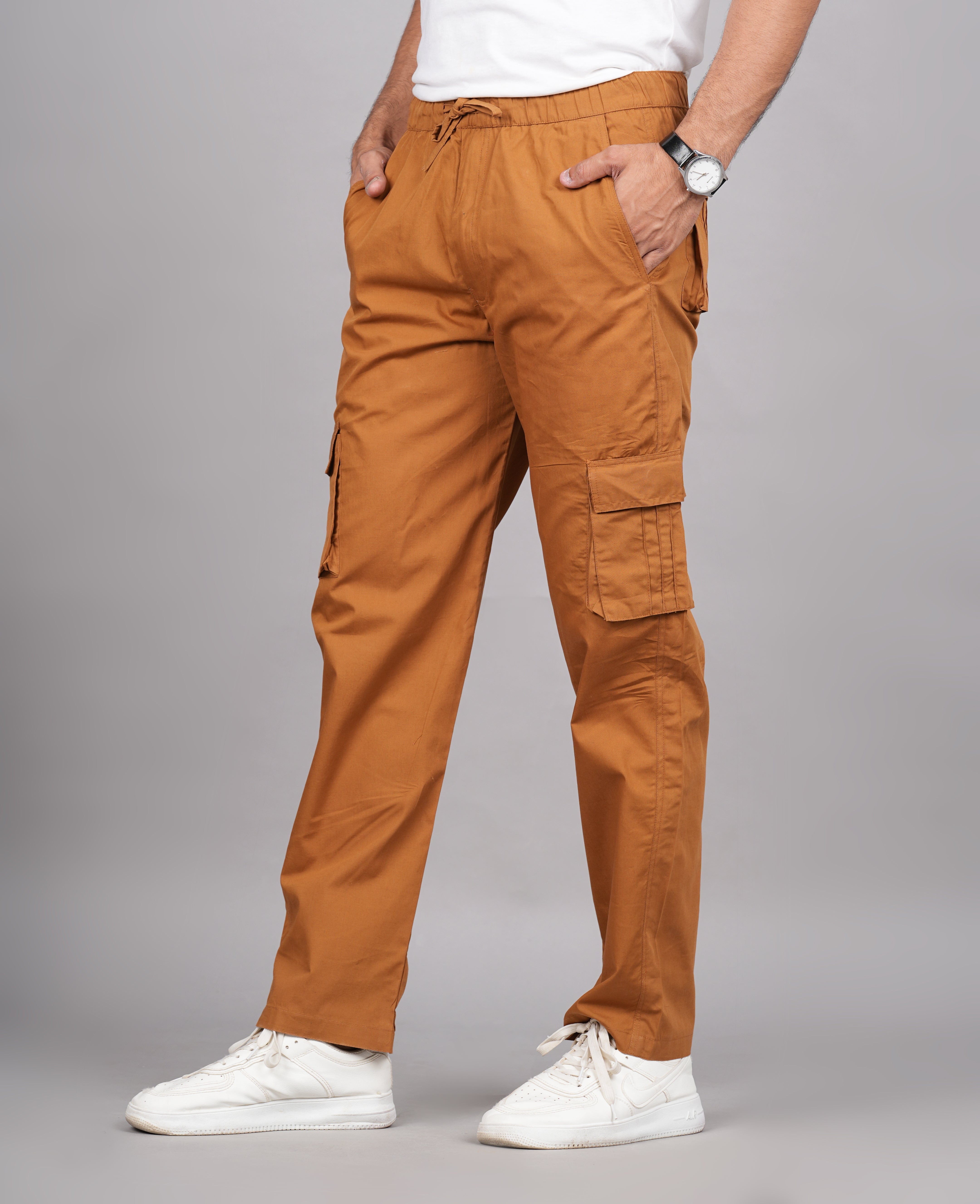 House of RP Men's Cotton Khaki Slim Fit Solid Cargos, Casual Trousers with Cargo Pockets - Distacart