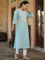 Thumbnail for Juniper Women's Blue Cotton Flex Embroidered Straight Kurta - Distacart
