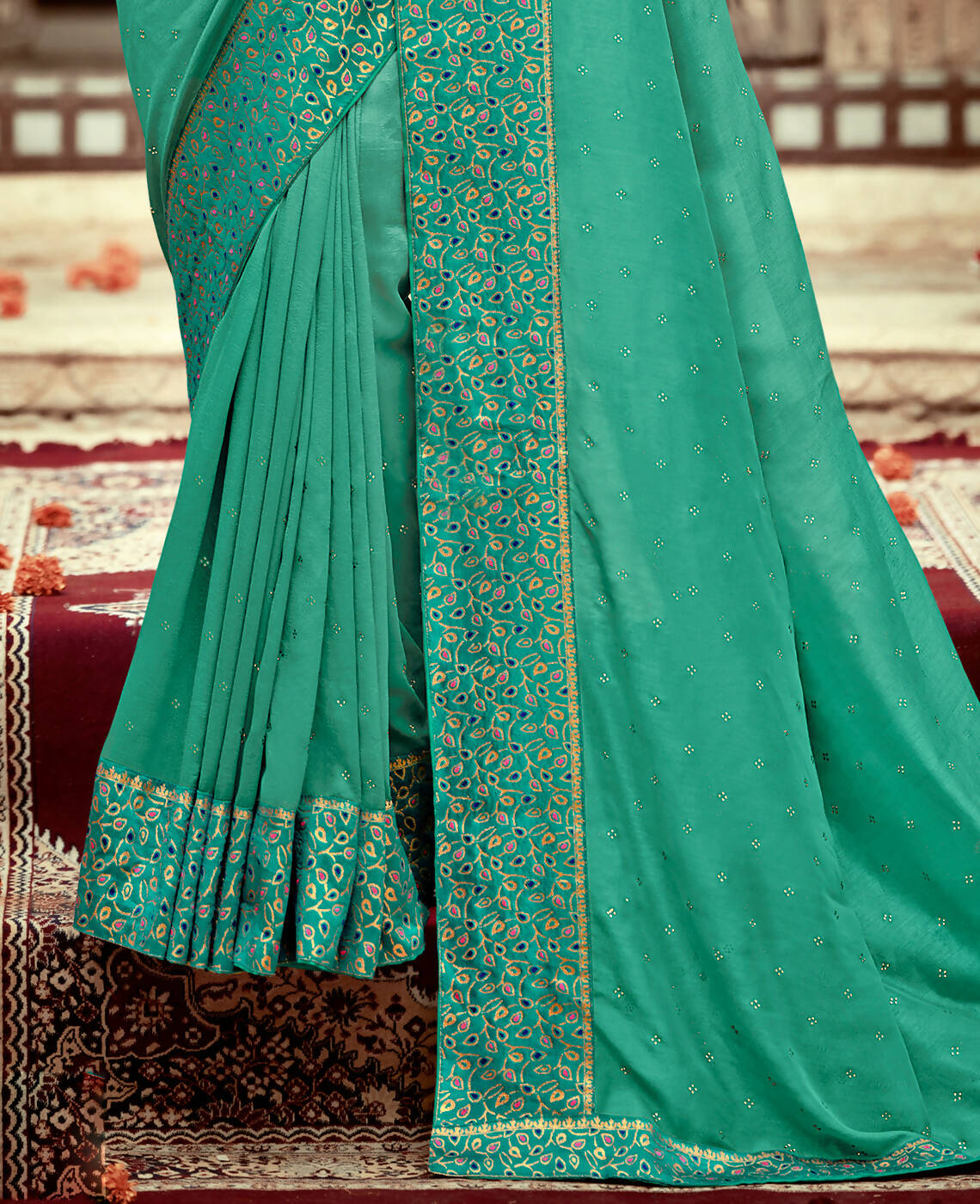 Sea Green Vichitra Stone Work Saree With Unstitched Blouse Piece - Rosy - Distacart