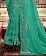 Thumbnail for Sea Green Vichitra Stone Work Saree With Unstitched Blouse Piece - Rosy - Distacart