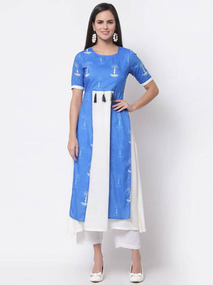 Myshka Viscose Printed 3/4 Sleeve Round Neck Casual Blue Women's dress