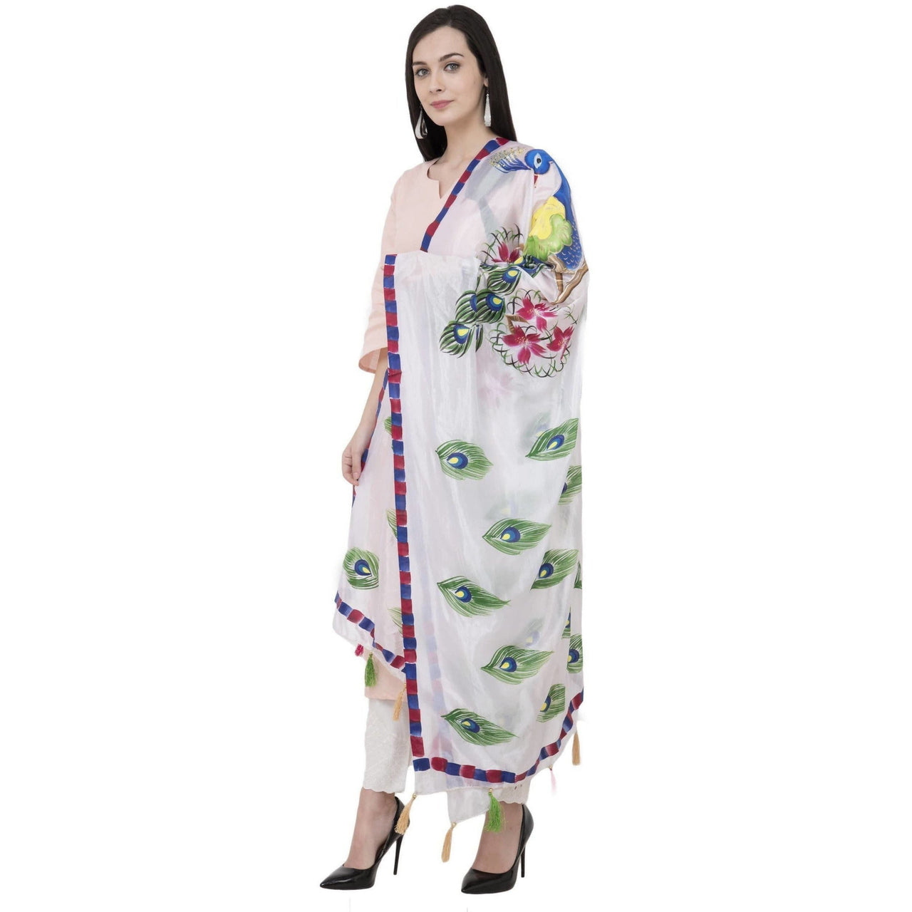 A R Silk Silk Peacock Multi Fancy Dupatta Color White Dupatta or Chunni