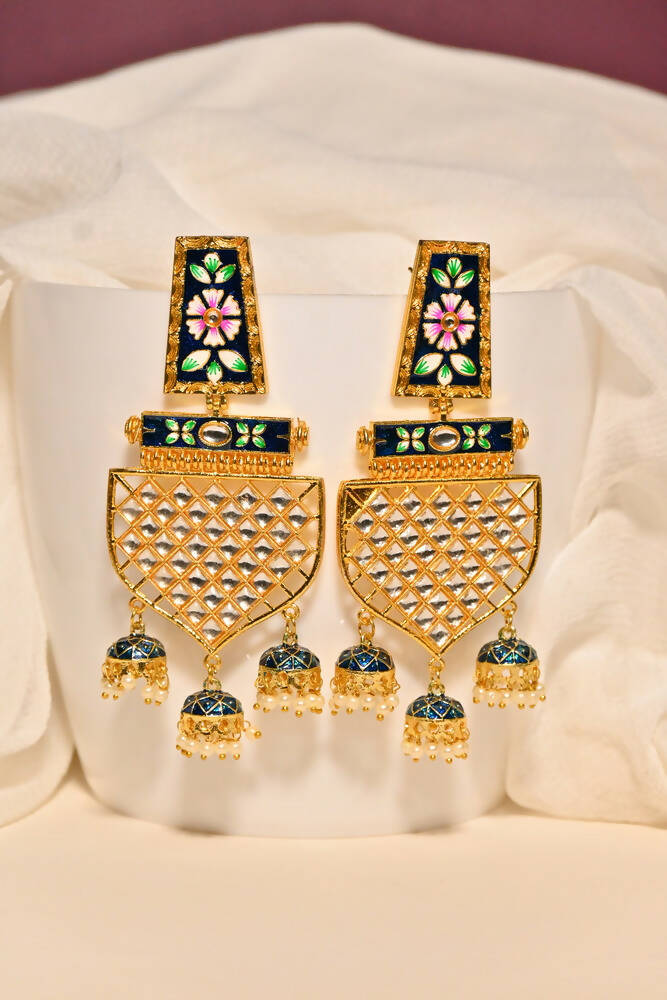 Traditional Gold-Plated Meenakari Blue Jhumka Jhumki Earrings By House of Ree - Distacart