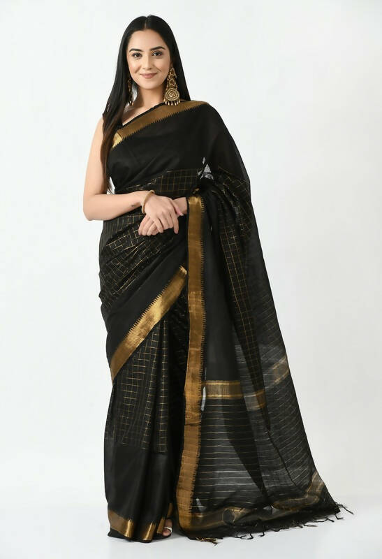 Mominos Fashion Moeza Black Bhagalpuri Handloom Silk Raj Shree Saree with unstitched Blouse piece - Distacart