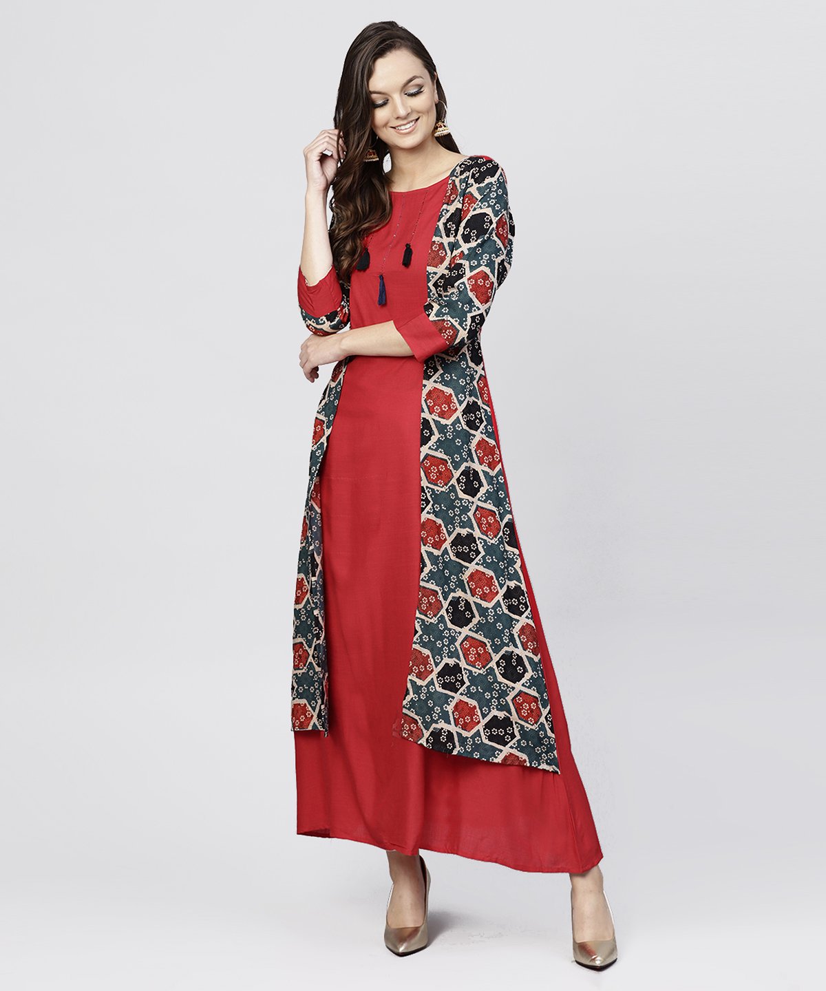 NOZ2TOZ Red Cotton Full Sleeves Kurti With An Attached Jacket And Emblished With Thread Work And Tassel - Distacart