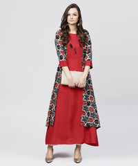 Thumbnail for NOZ2TOZ Red Cotton Full Sleeves Kurti With An Attached Jacket And Emblished With Thread Work And Tassel - Distacart