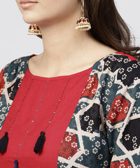 Thumbnail for NOZ2TOZ Red Cotton Full Sleeves Kurti With An Attached Jacket And Emblished With Thread Work And Tassel - Distacart