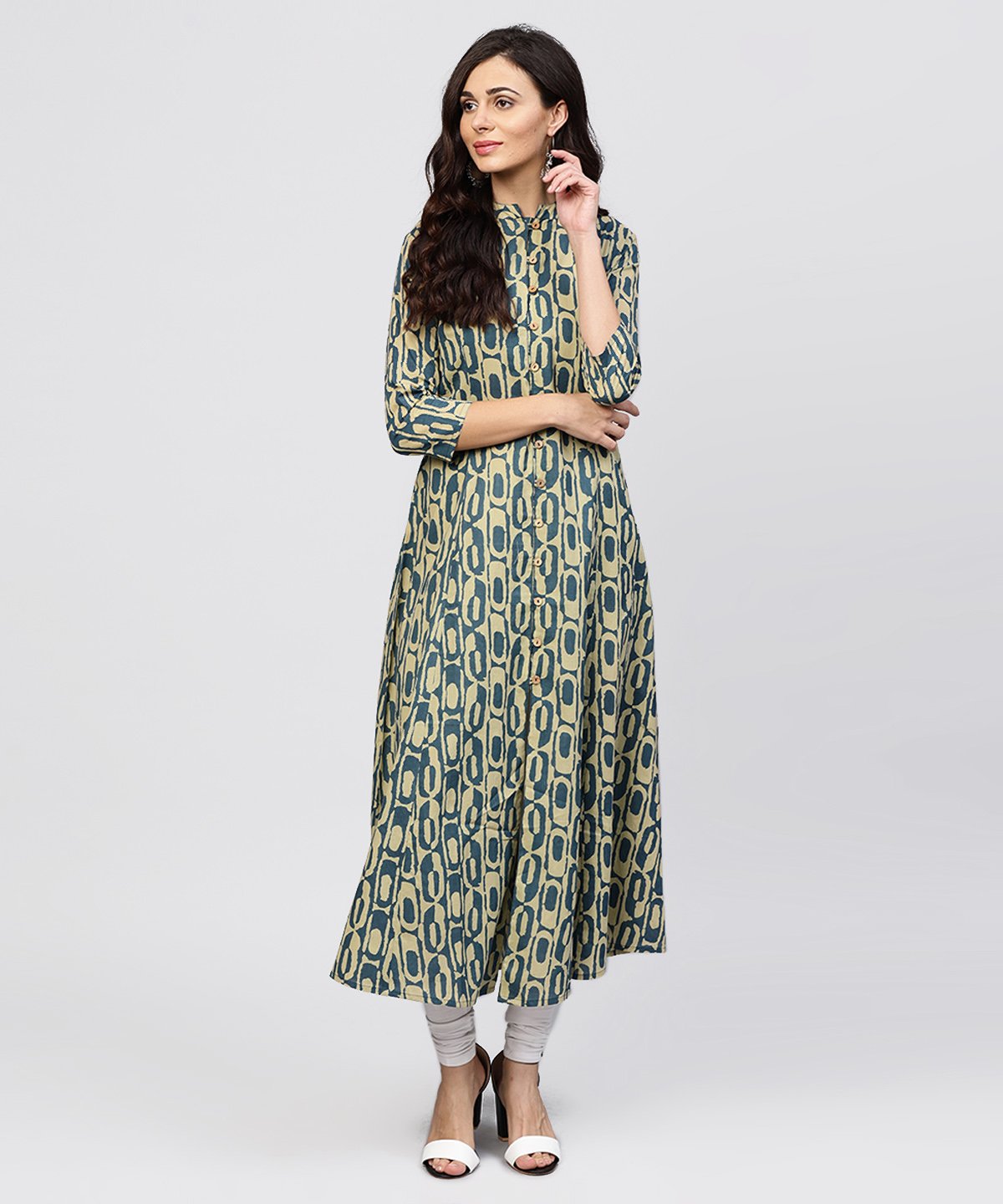 NOZ2TOZ Green Printed Panelled Cut A-Line Kurta With Madarin Collar And Front Placket - Distacart