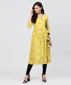NOZ2TOZ Cotton Mustard Pleated Angrakha With V-Neck And Emblished With Tassel - Distacart
