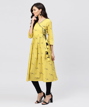 NOZ2TOZ Cotton Mustard Pleated Angrakha With V-Neck And Emblished With Tassel - Distacart