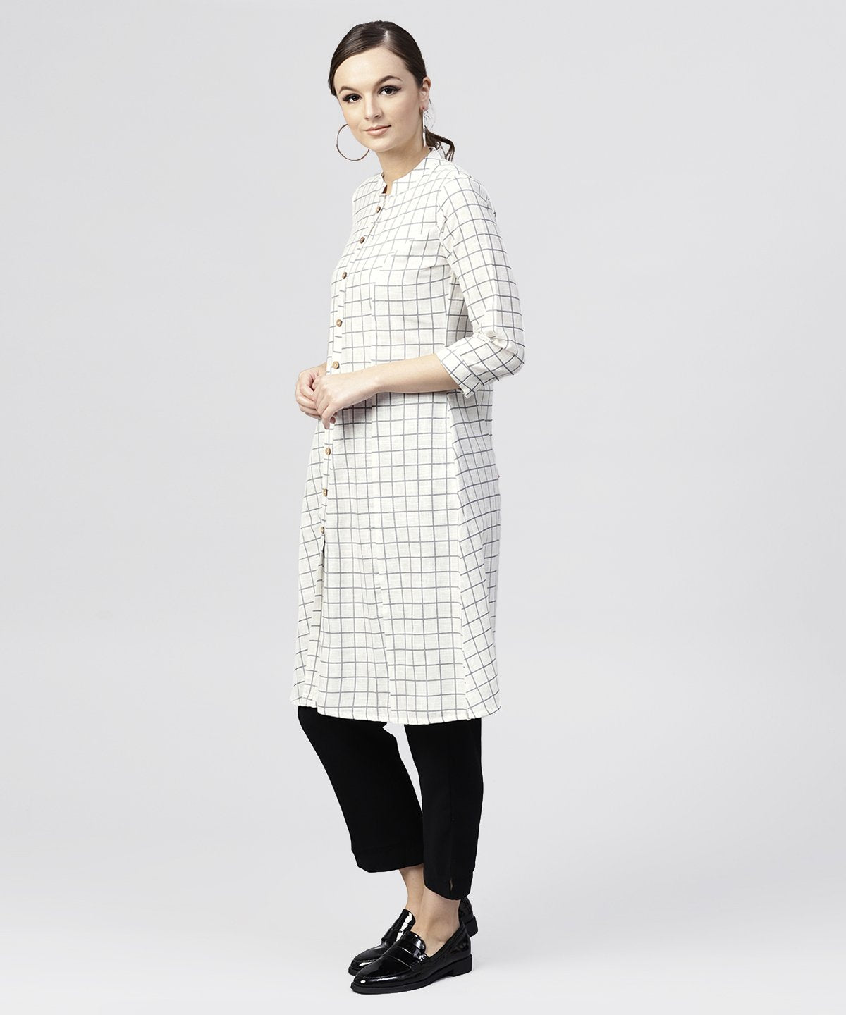 NOZ2TOZ White Checked Printed Panelled Cut A-Line Kurta With Madarin Collar And Front Placket - Distacart