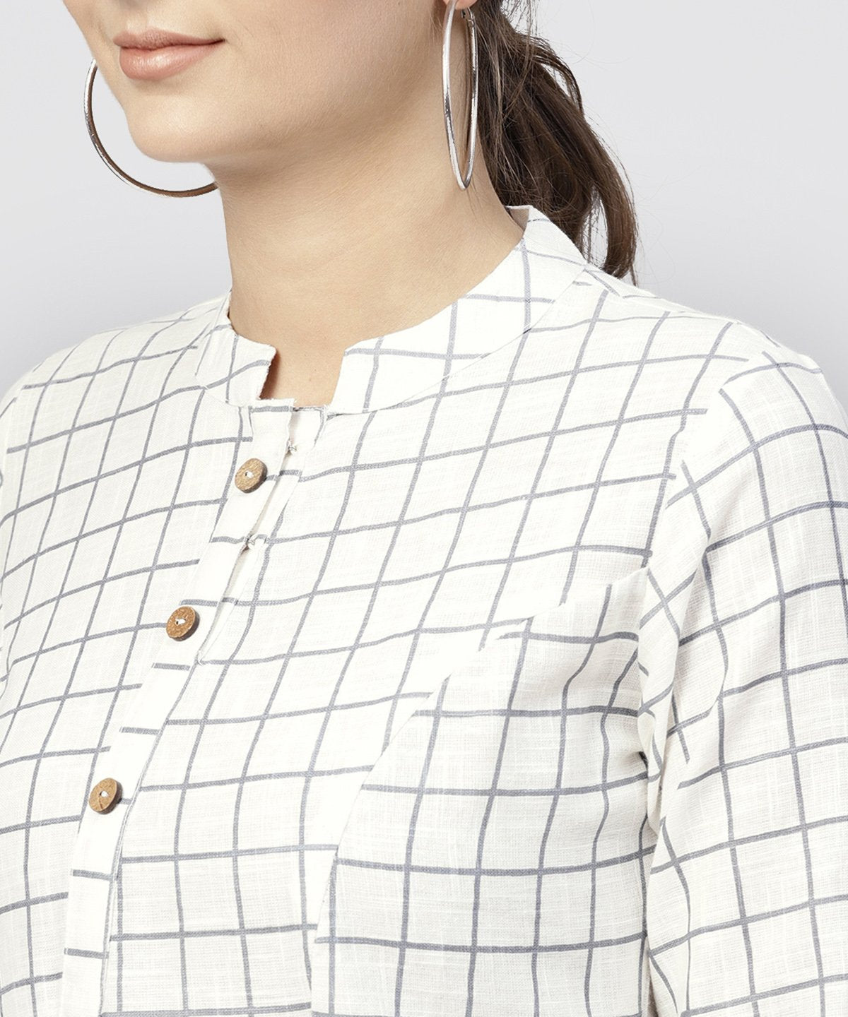 NOZ2TOZ White Checked Printed Panelled Cut A-Line Kurta With Madarin Collar And Front Placket - Distacart