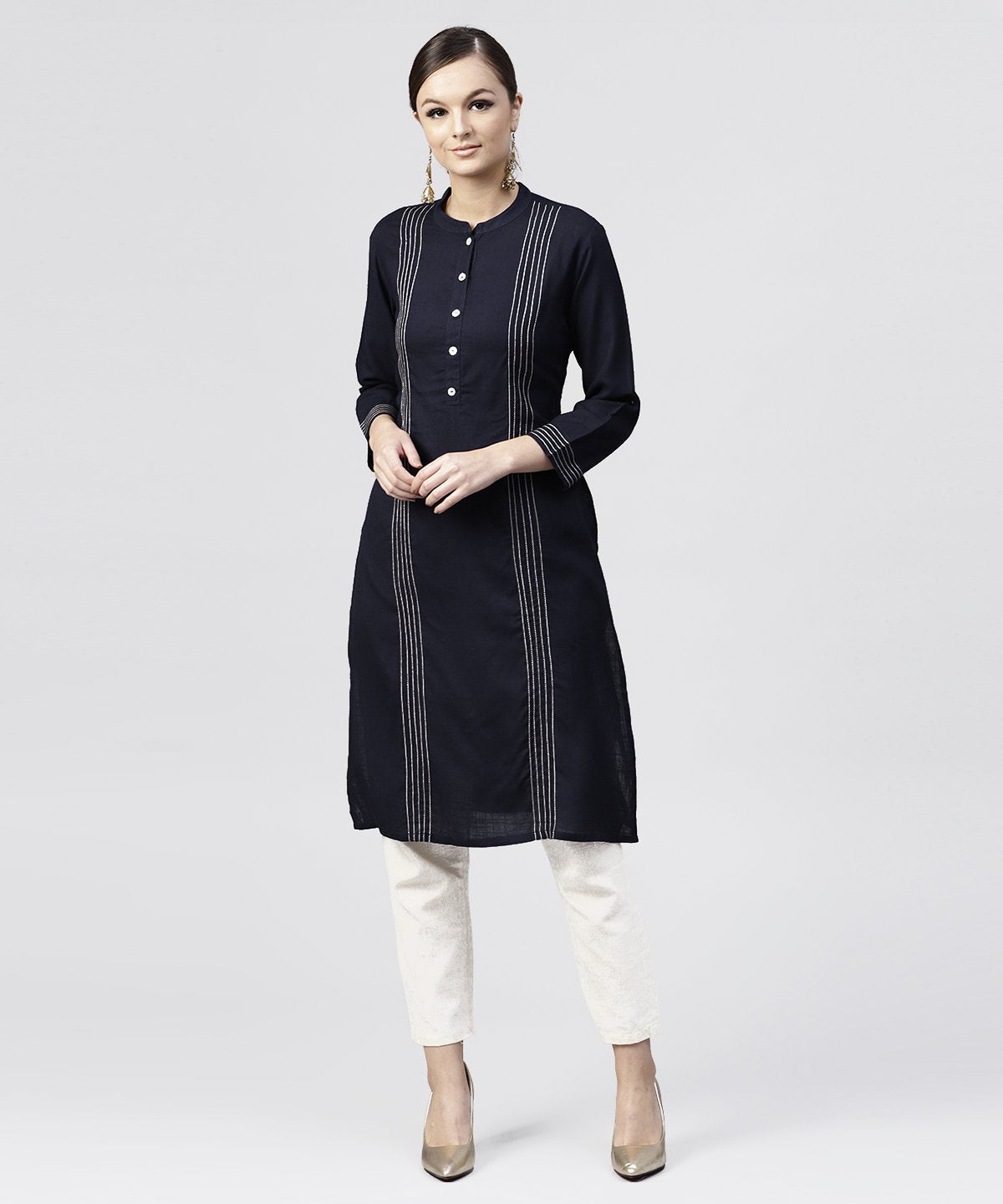 NOZ2TOZ Navy Blue Round Neck Kurta With 3/4 Sleeves And Front Placket - Distacart