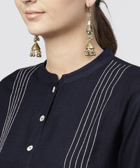 Thumbnail for NOZ2TOZ Navy Blue Round Neck Kurta With 3/4 Sleeves And Front Placket - Distacart