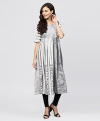 Thumbnail for NOZ2TOZ Grey And White Stripes Handloom Calf Length Kurta With Round Neck And Half Sleeves - Distacart