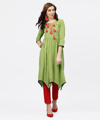 Thumbnail for NOZ2TOZ Parrot Green Embroidered A-Line Kurta With Round Neck And 3/4 Sleeves - Distacart