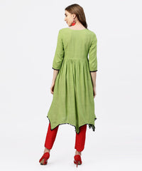 Thumbnail for NOZ2TOZ Parrot Green Embroidered A-Line Kurta With Round Neck And 3/4 Sleeves - Distacart