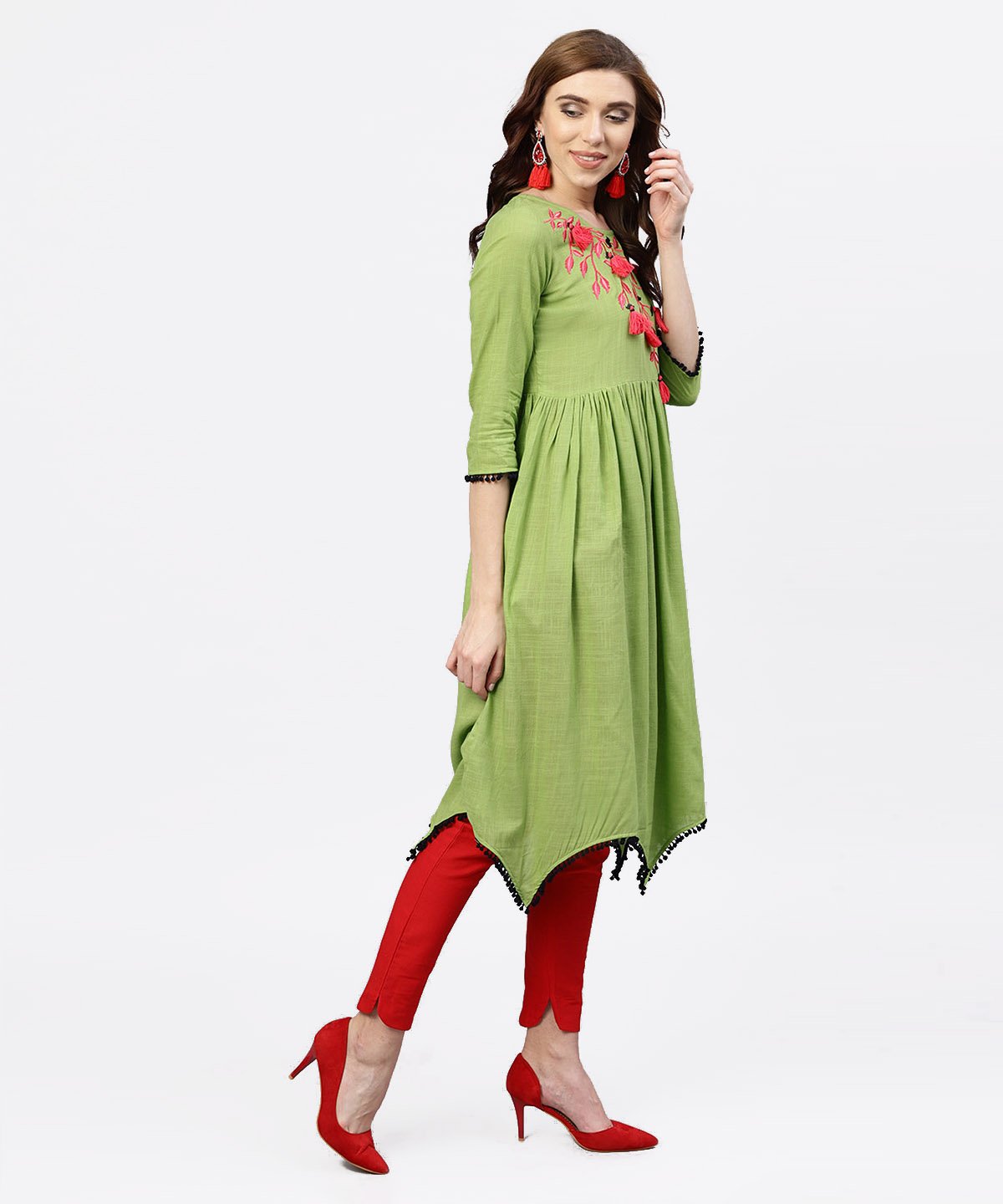 NOZ2TOZ Parrot Green Embroidered A-Line Kurta With Round Neck And 3/4 Sleeves - Distacart