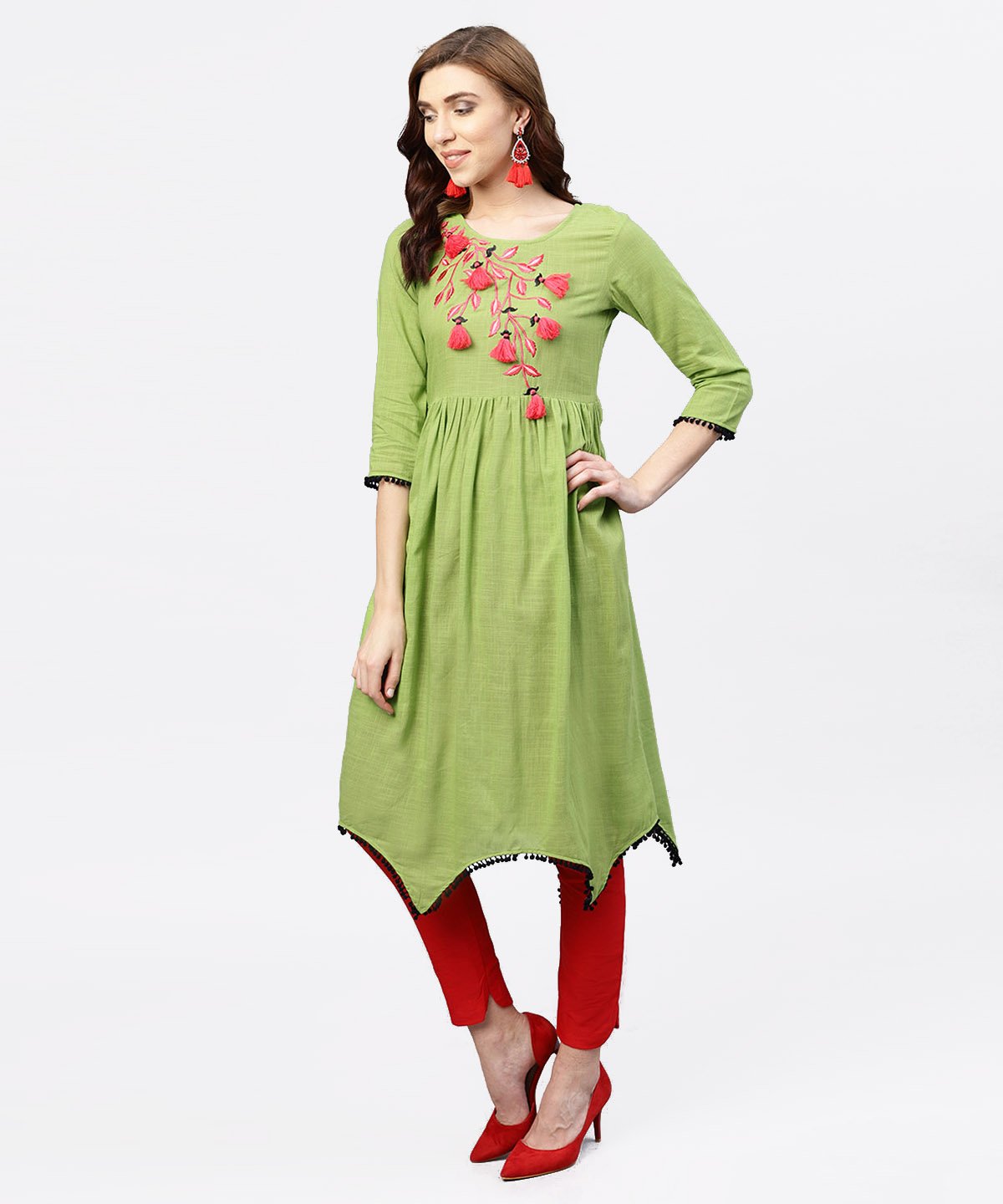 NOZ2TOZ Parrot Green Embroidered A-Line Kurta With Round Neck And 3/4 Sleeves - Distacart